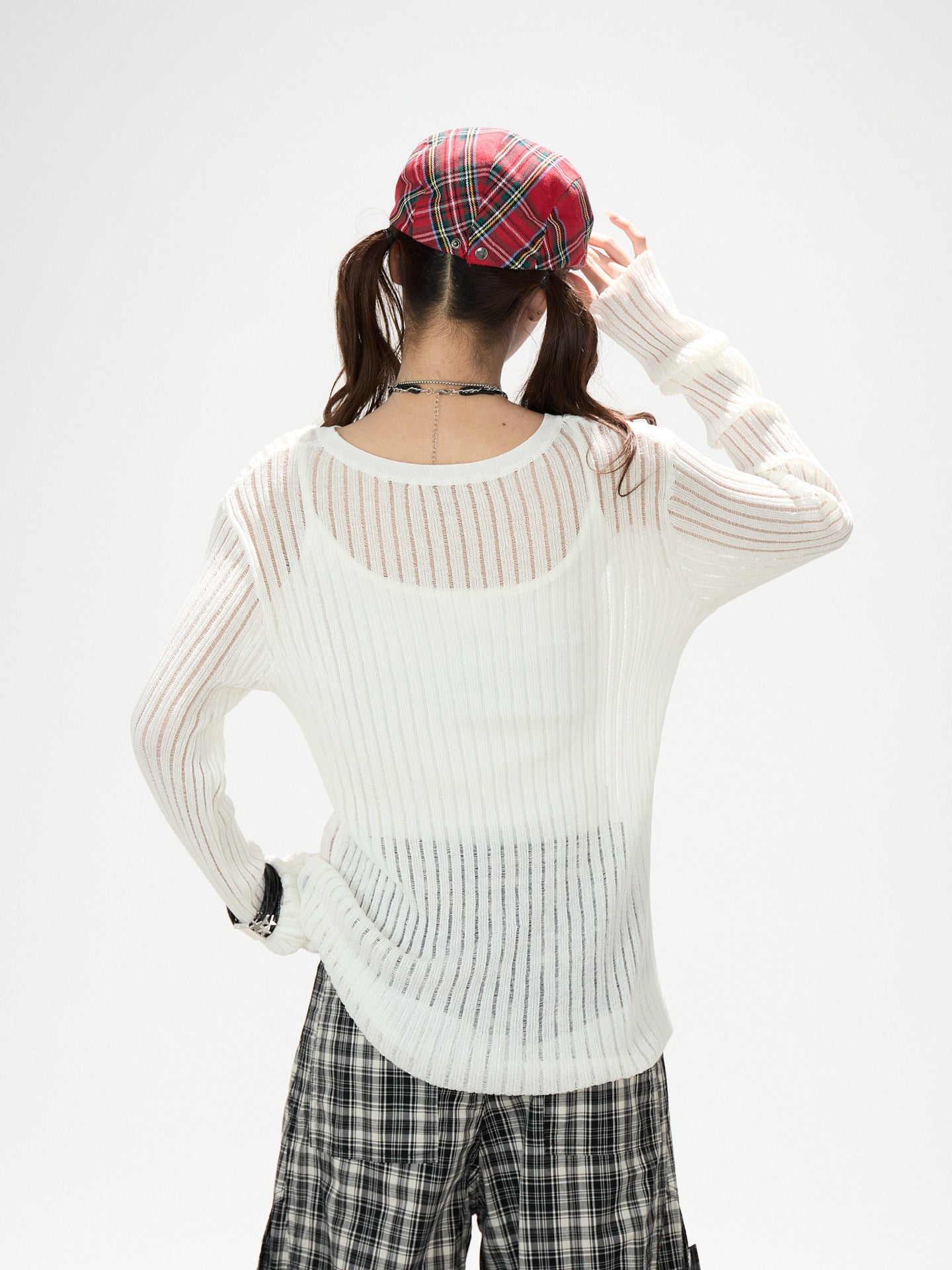 Dalmatian Sheer Knit Top & Black Plaid Ruffle Pants