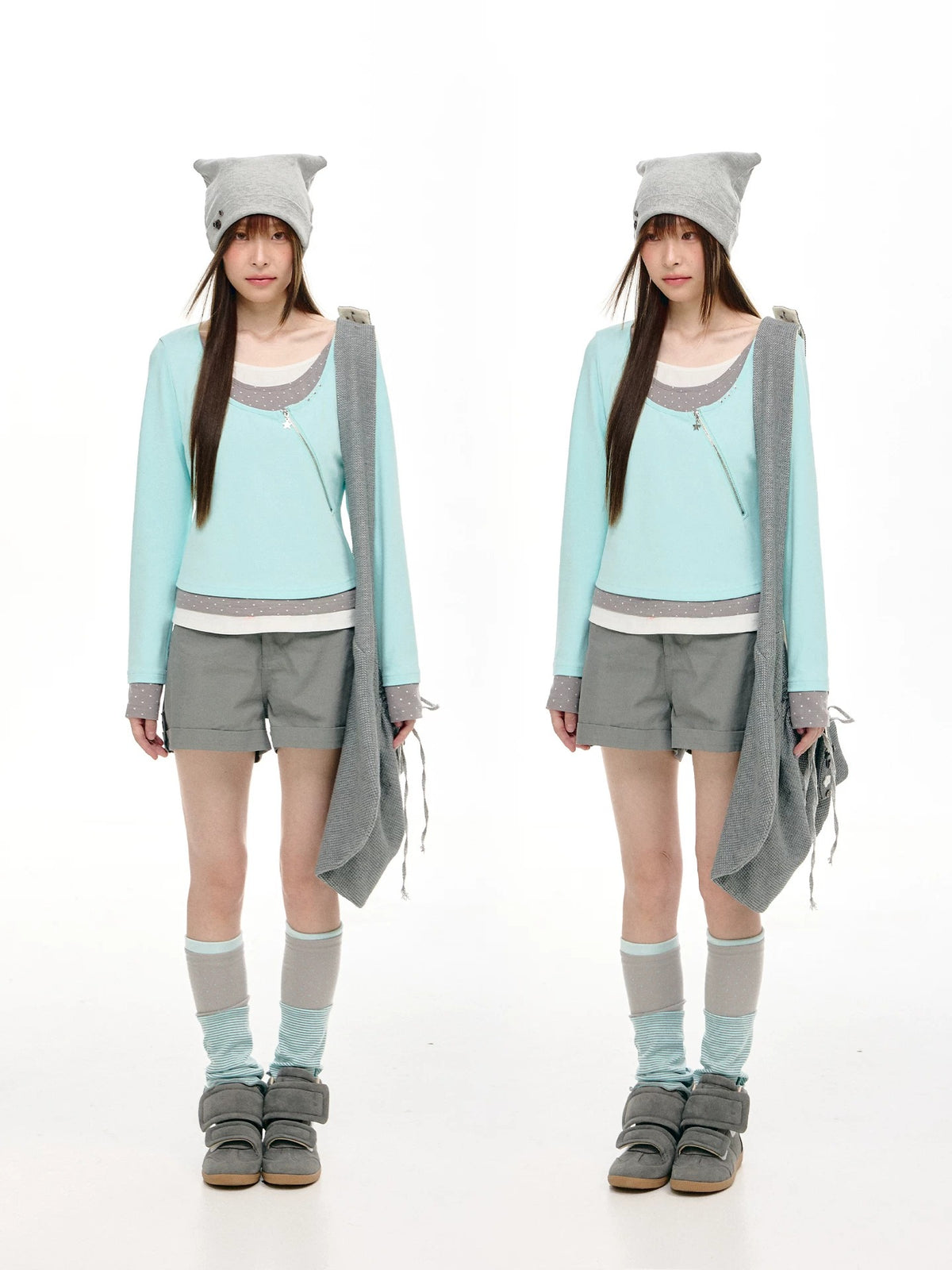 Triple-Layer Polka Dot Asymmetric Zip Long Sleeve Top