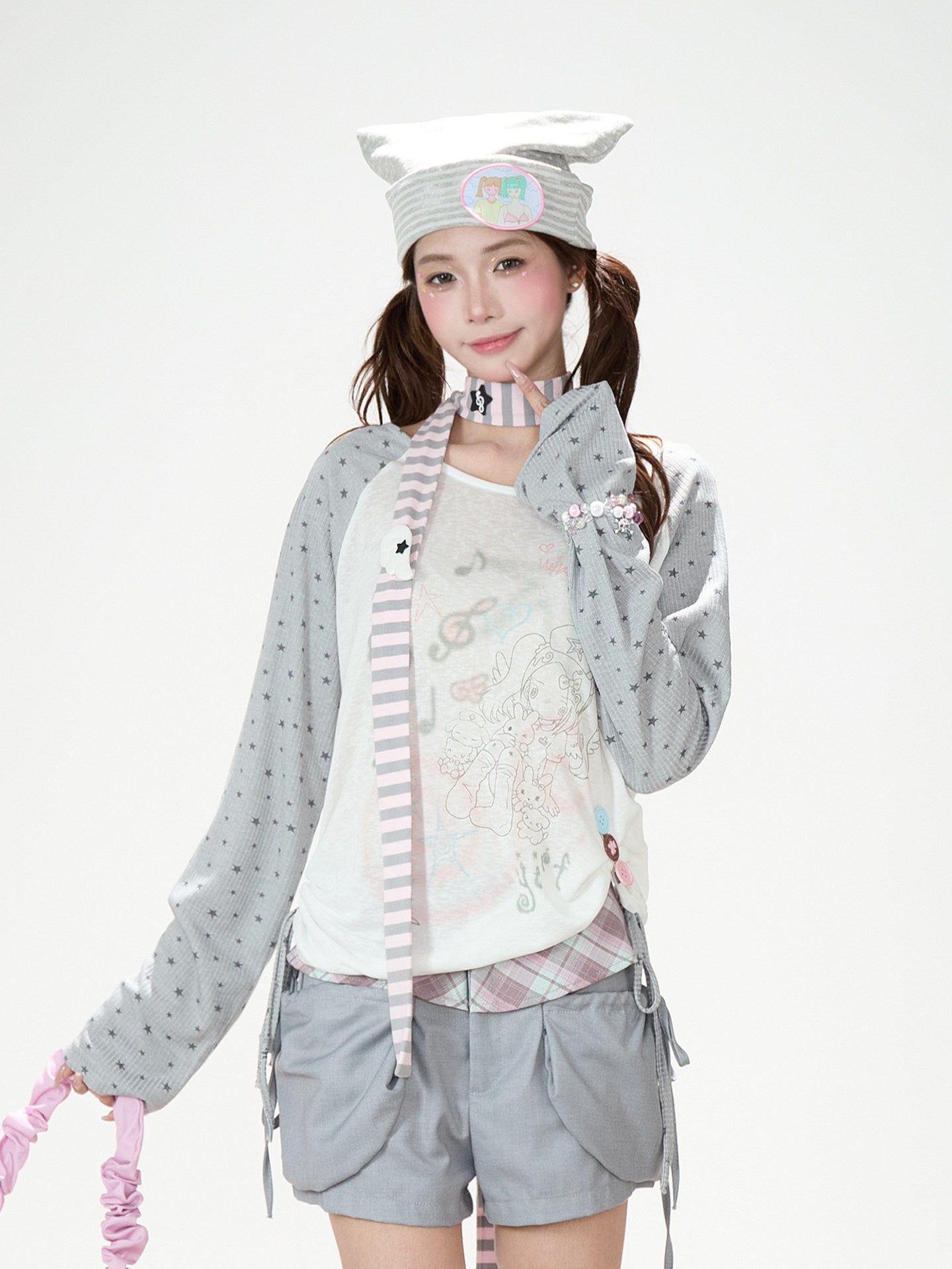 Dreamy Star Raglan Long Sleeve Top & Gray Striped Star Flare Pants