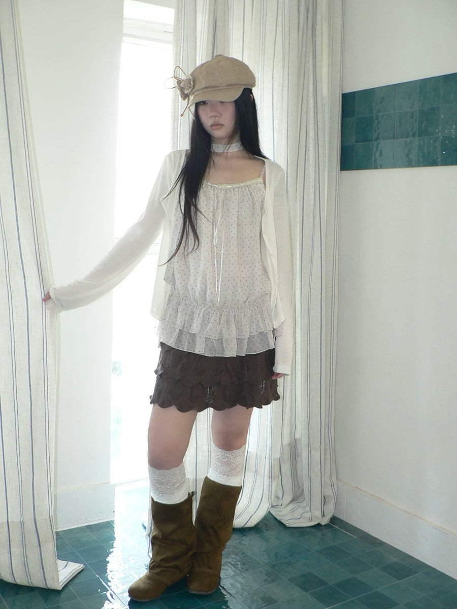 Polka Dot Ruffle Camisole & Cardigan Set with Scarf