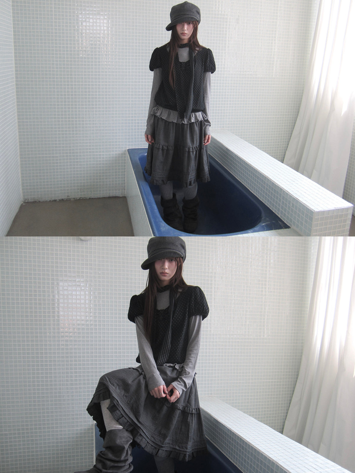 Polka Dot Layered Two-Piece Top Set with Scarf