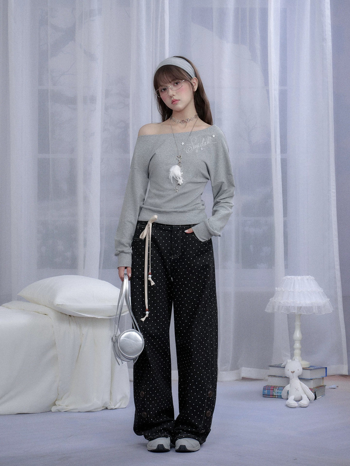 Polka Dot Wide-Leg Jeans & Detachable Lace Layering Skirt