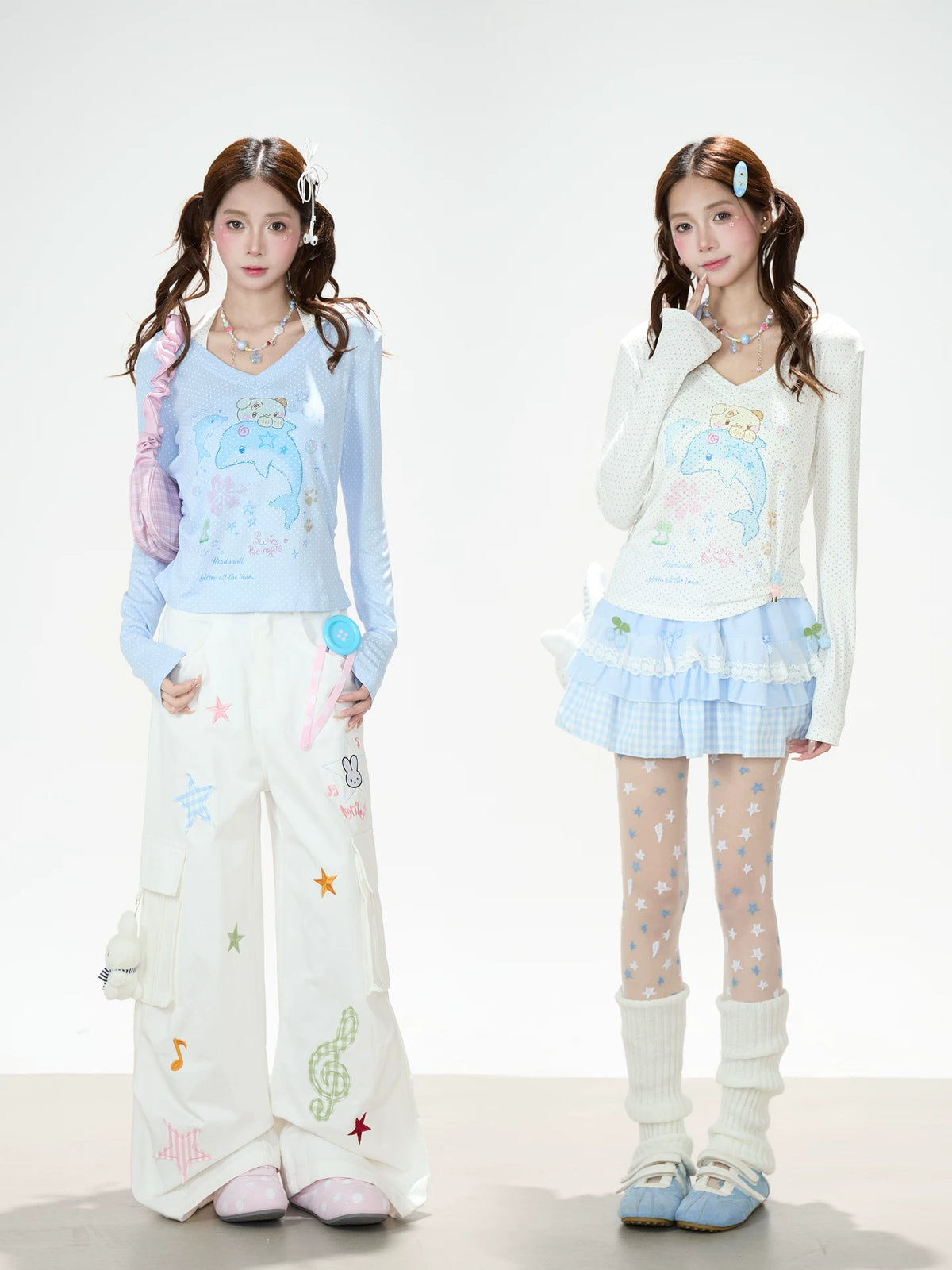 Dreamy Dolphin Polka-Dot V-Neck Long Sleeve Top & Gingham Ruffle Mini Skirt