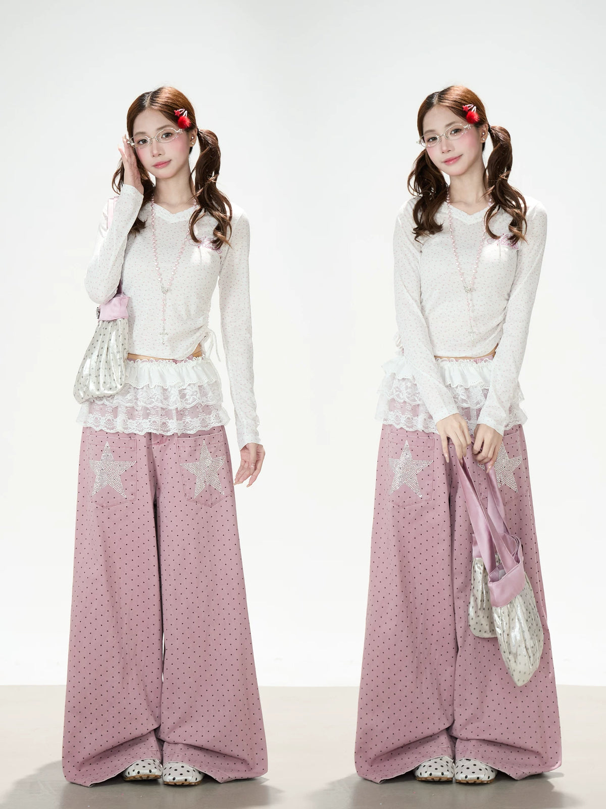 Star Rhinestone Polka Dot Wide-Leg Jeans