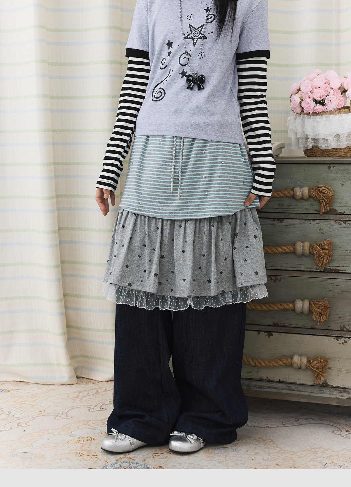 Star Stripe Layered Skirt Wide-Leg Pants