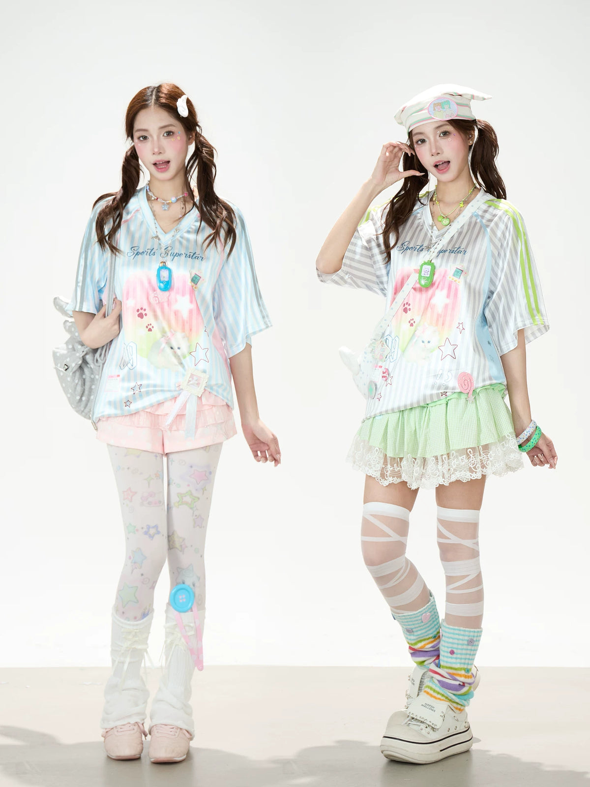 Striped Kitty Graphic V-Neck Tee & Layered Gingham Ruffle Skirt