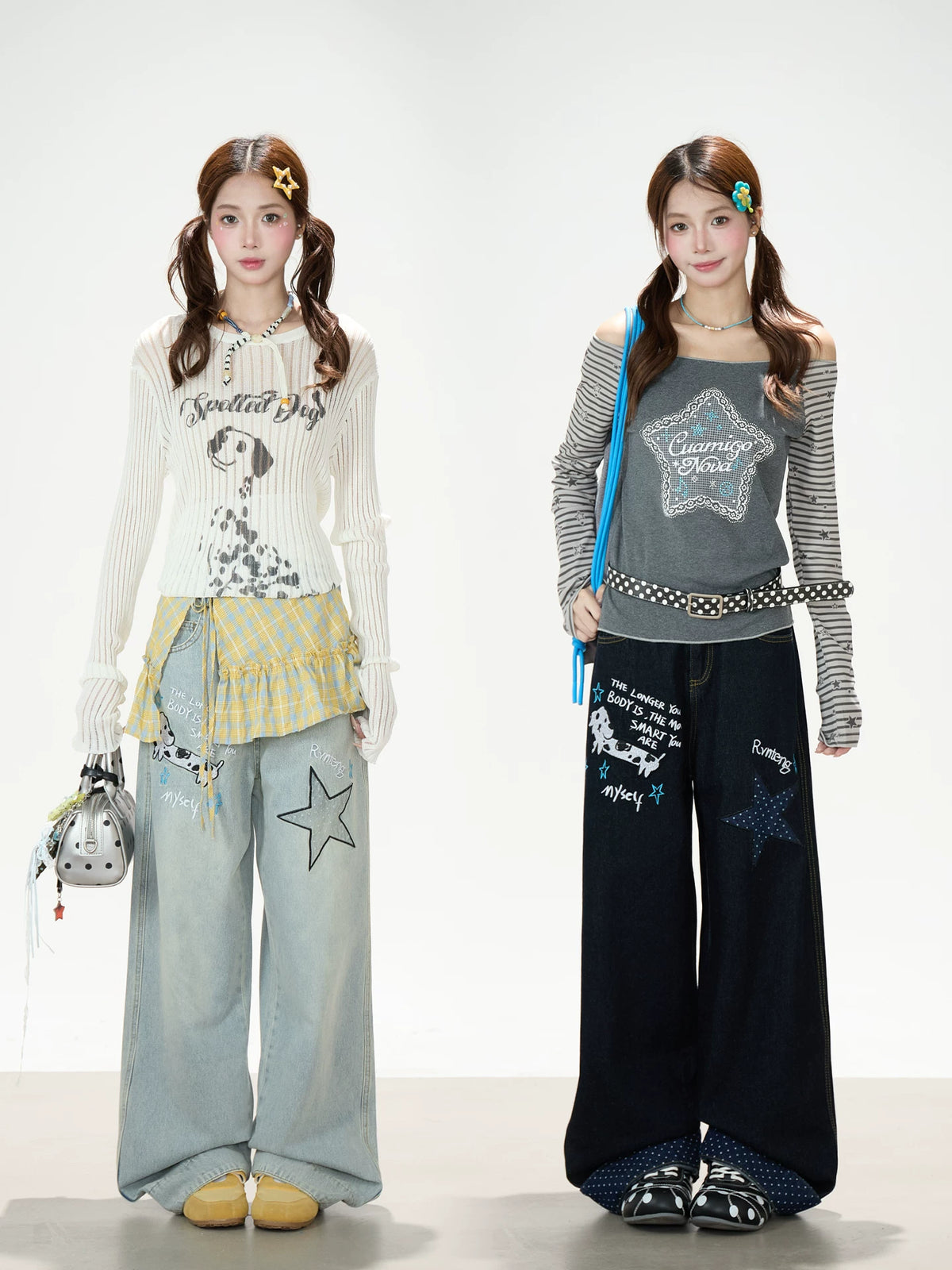 Puppy & Star Graphic Washed Wide-Leg Jeans