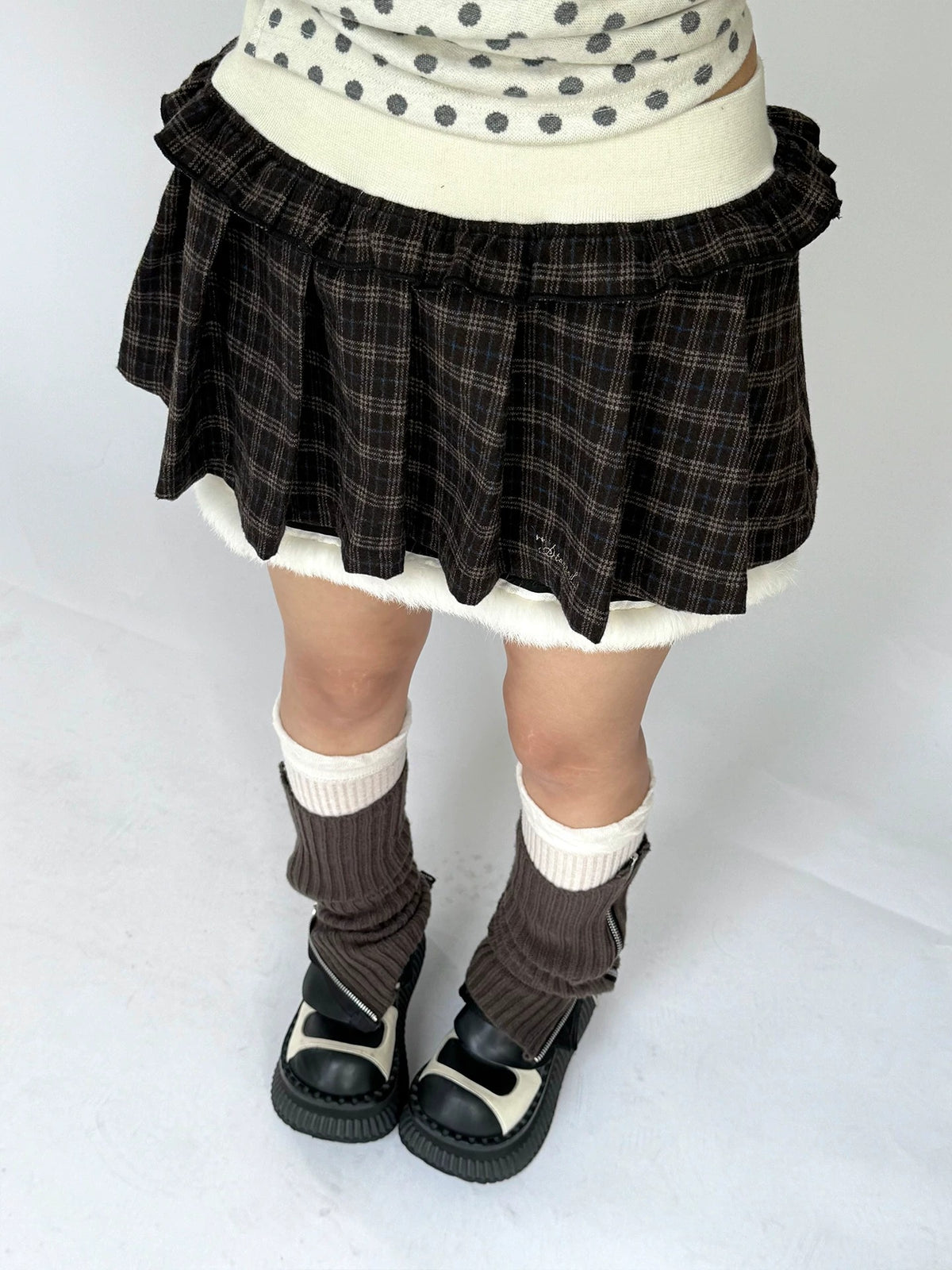 Brown Plaid Fuzzy-Trim Pleated Mini Skirt
