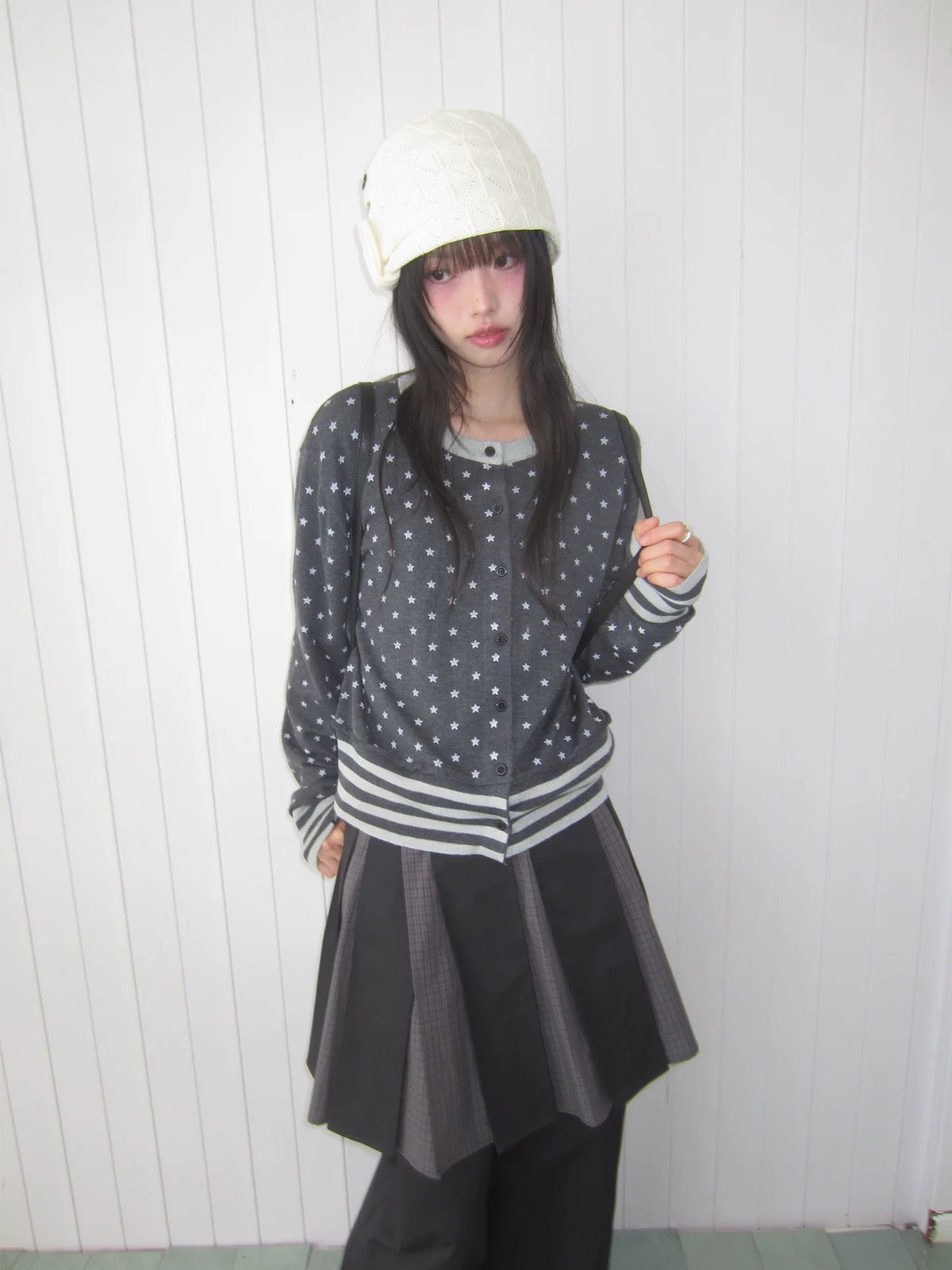 Star Print Contrast-Trim Knit Cardigan