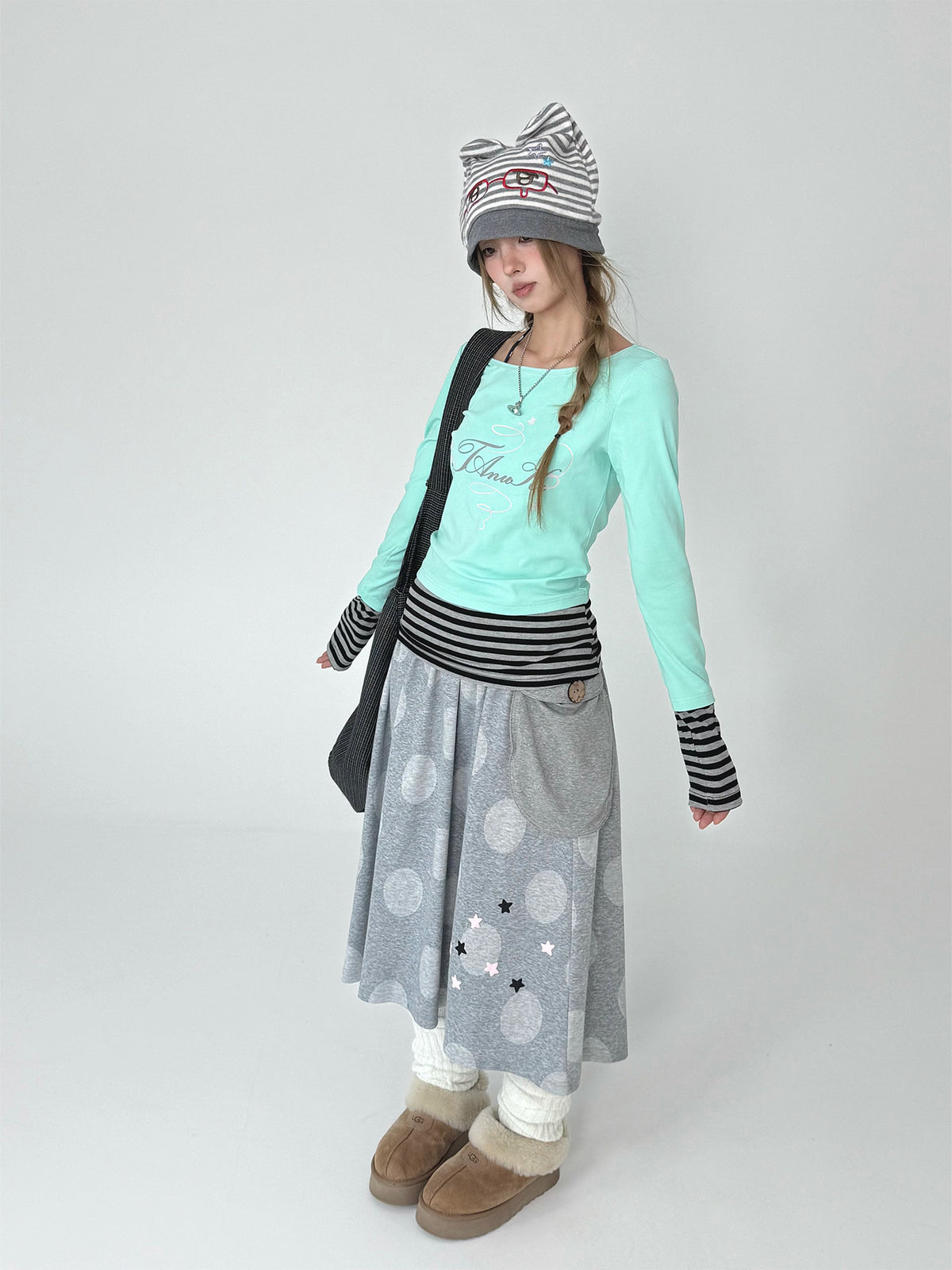 Mint Star Script Faux-Layered Long Sleeve Top