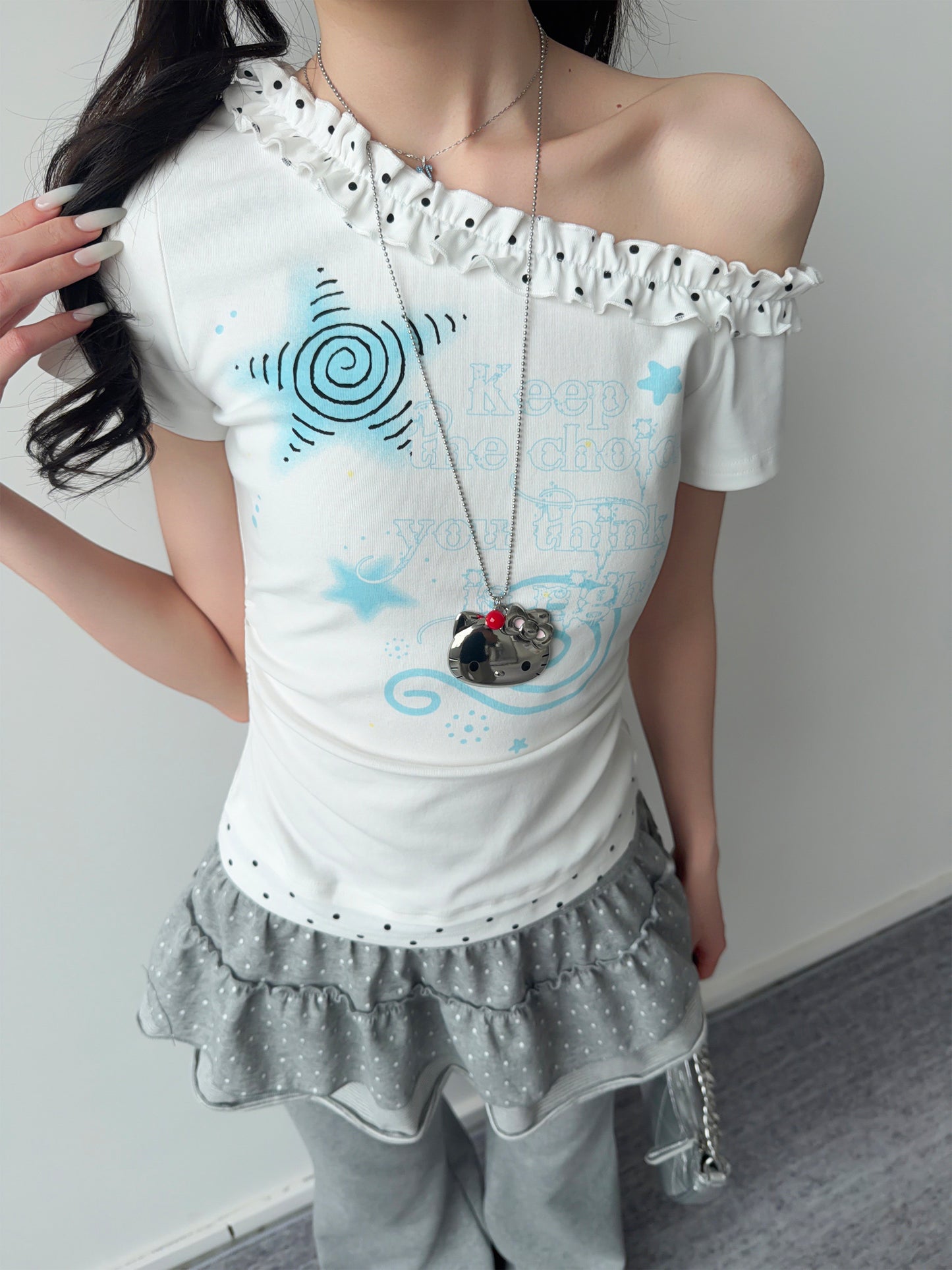 Blue Star Polka Dot Ruffle One-Shoulder Tee