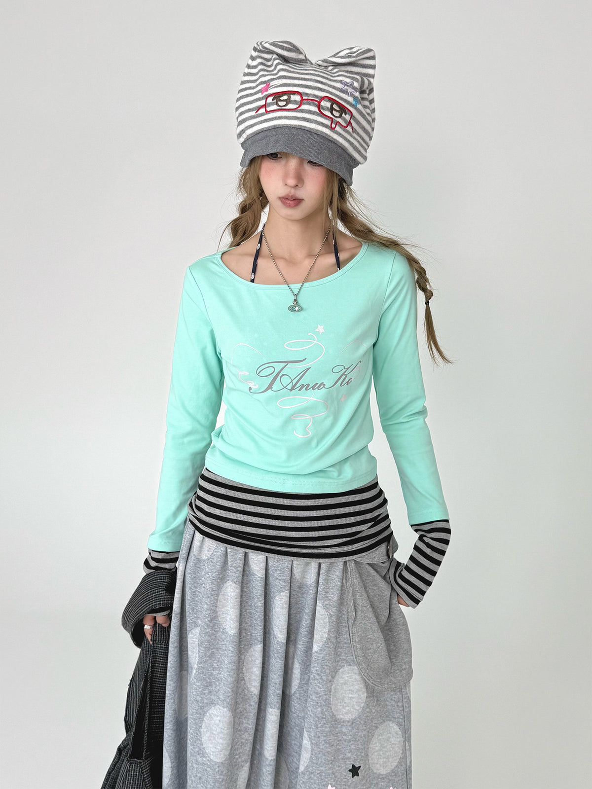 Mint Green Stripe-Cuff Long Sleeve Top