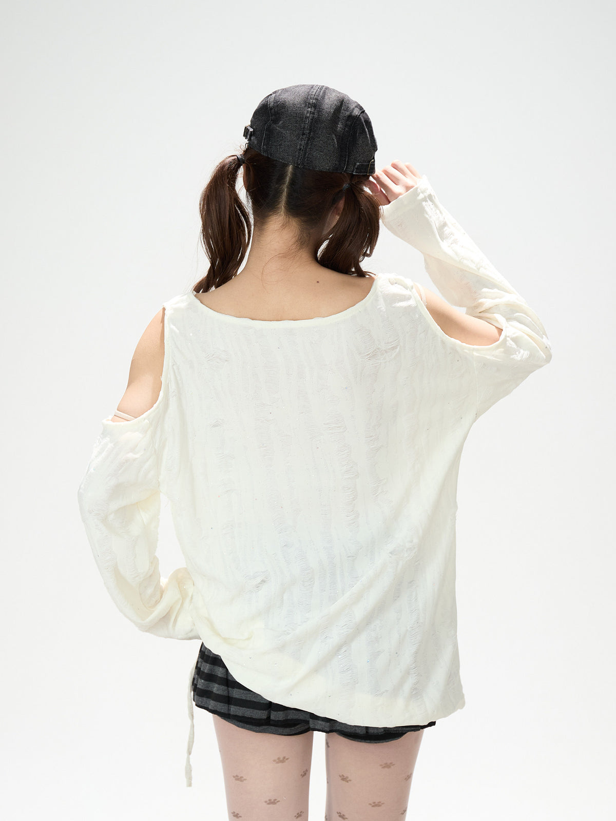 Distressed Cold-Shoulder Graphic Long Sleeve Top & Striped Drawstring Ruffle Mini Skirt