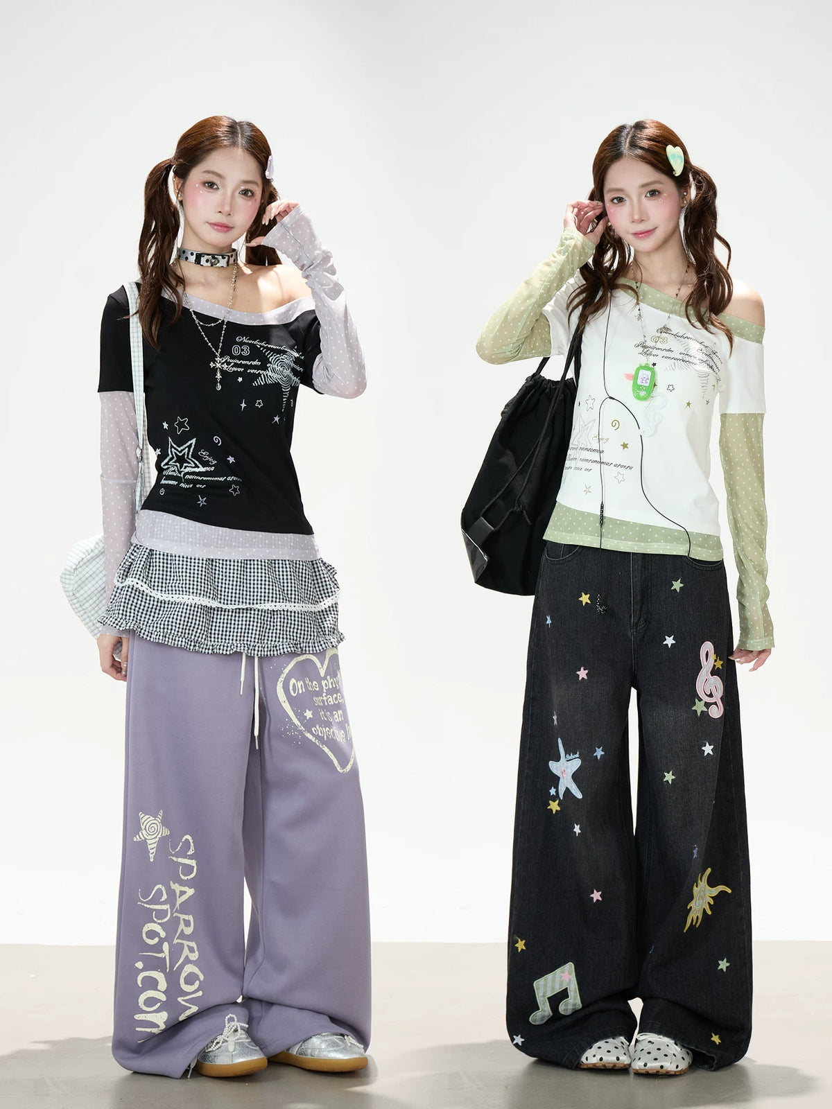 Star Polka-Dot Off-Shoulder Layered Long Sleeve Top & Music Note Star Wide-Leg Jeans
