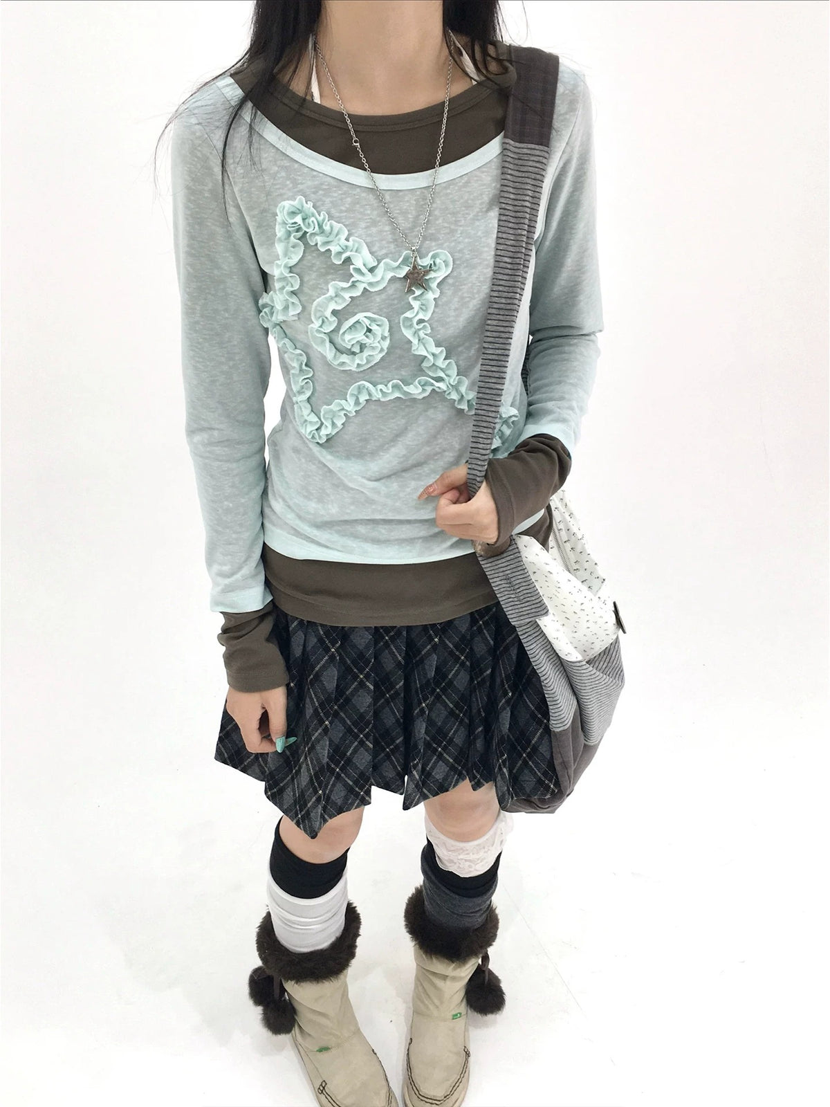 Mist Aqua Ruffle Star Faux-Layer Long Sleeve Top
