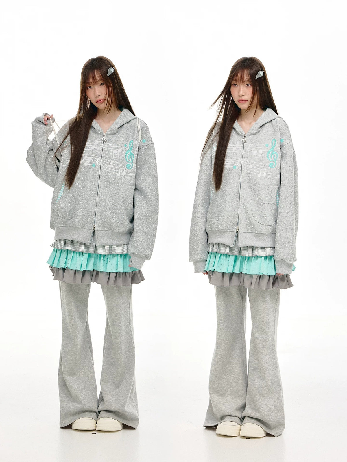 Gray Melody Polka Dot Graphic Zip Hoodie