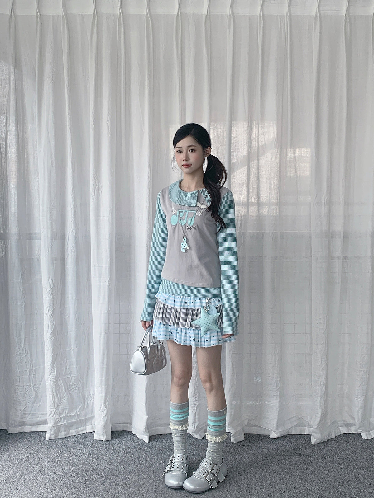 Soft Blue Star Stripe Tiered Ruffle Mini Skirt