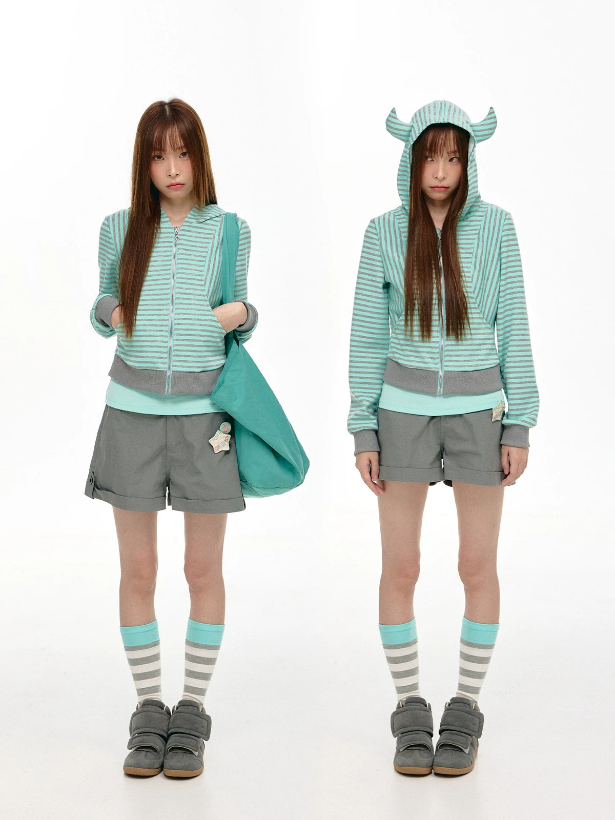Mint Stripe Devil-Horn Zip-Up Hoodie