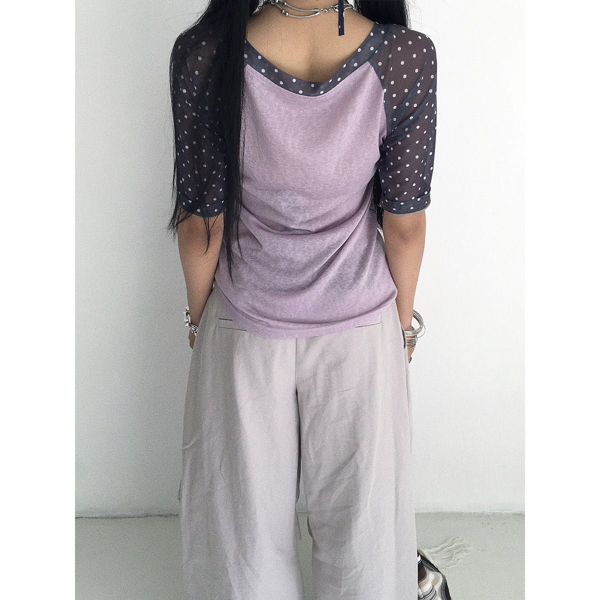 Low-Saturation Purple Polka Dot Raglan Graphic Tee