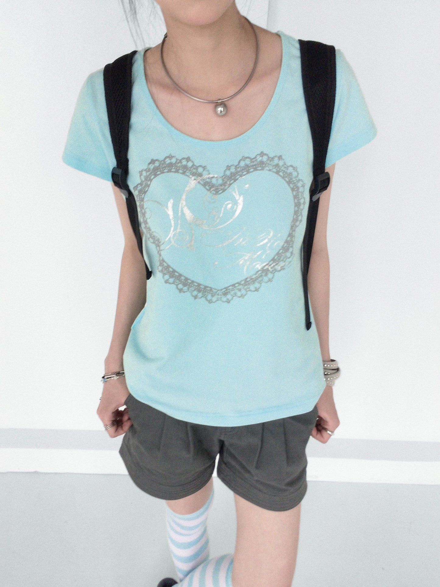 Silver Lace Heart Scoop-Neck Fitted Tee