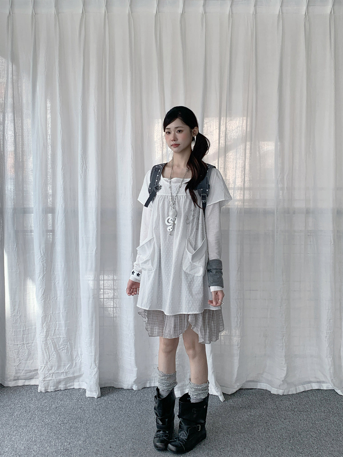 Swiss Dot Faux-Layered Long Sleeve Tunic Dress
