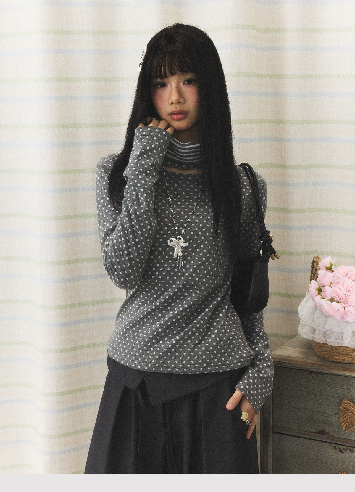 Polka Dot Contrast Turtleneck Long Sleeve Top
