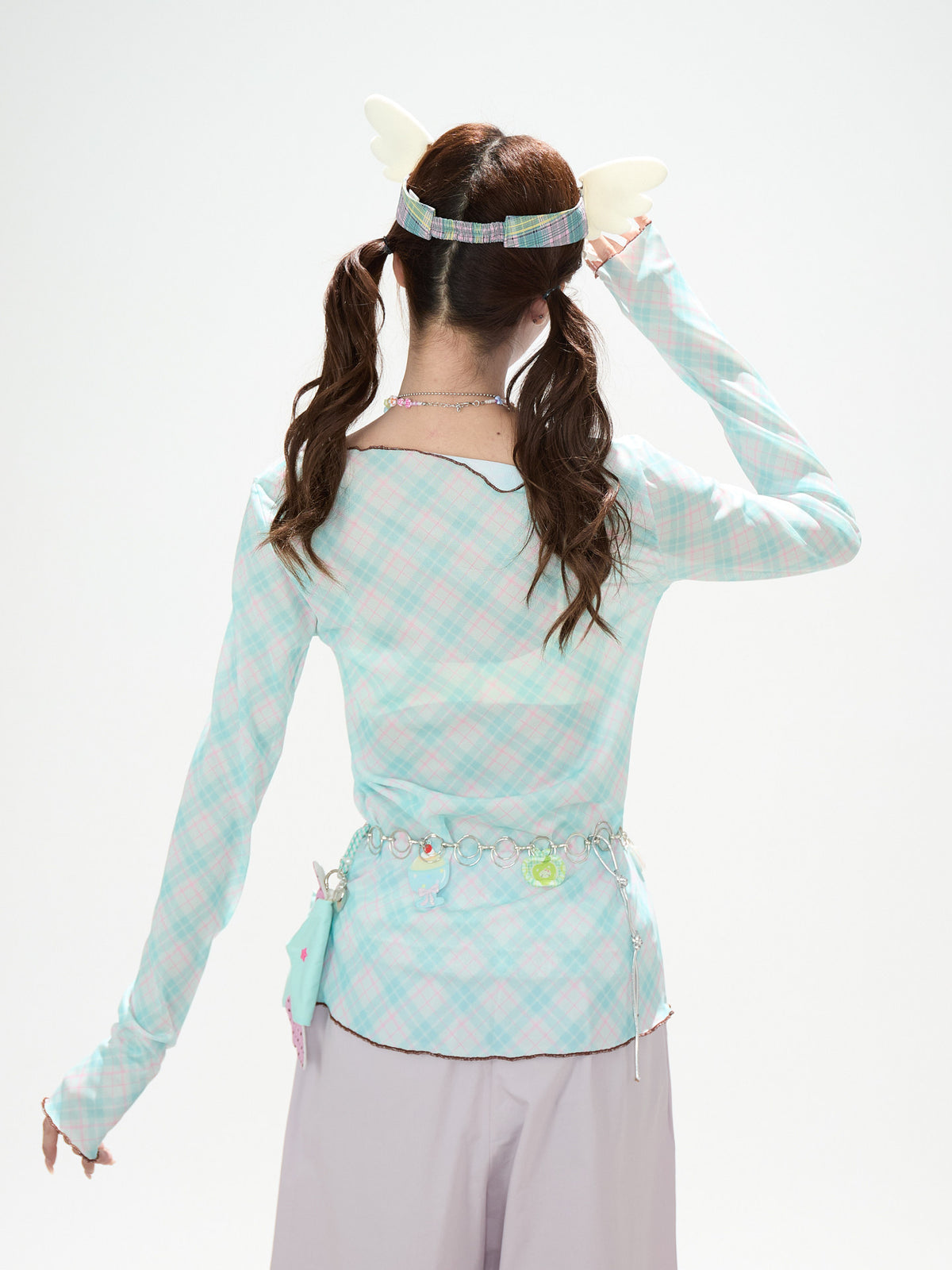 Pastel Anime Plaid Long Sleeve Top & Camo Lace-Trim Midi Skirt