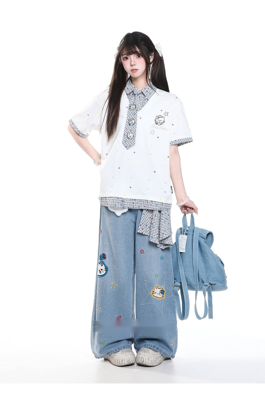 Star Kitty Embroidered Wide-Leg Jeans with Plush Charm