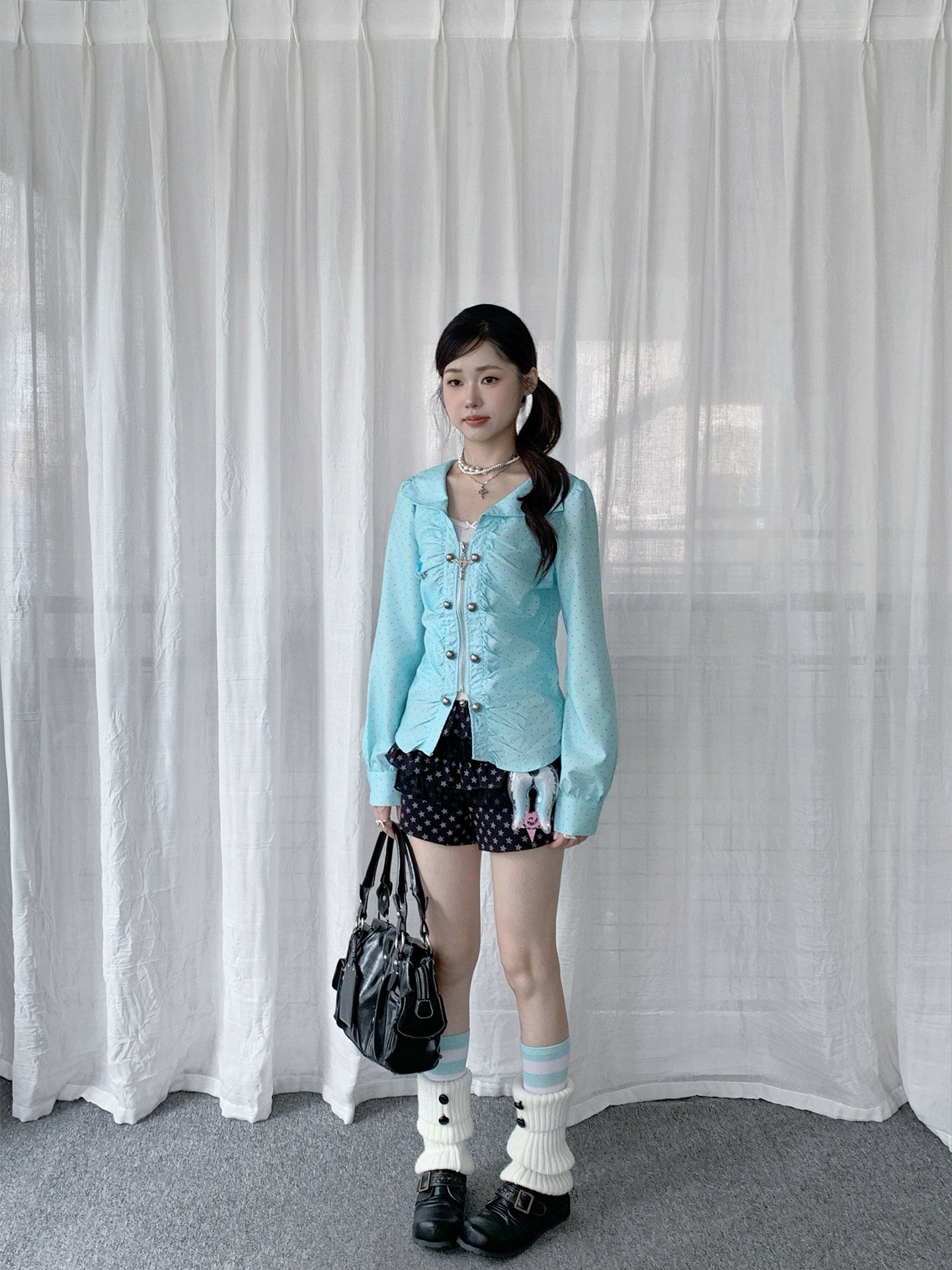 Mint Dot Ruched Zip-Front Long-Sleeve Blouse