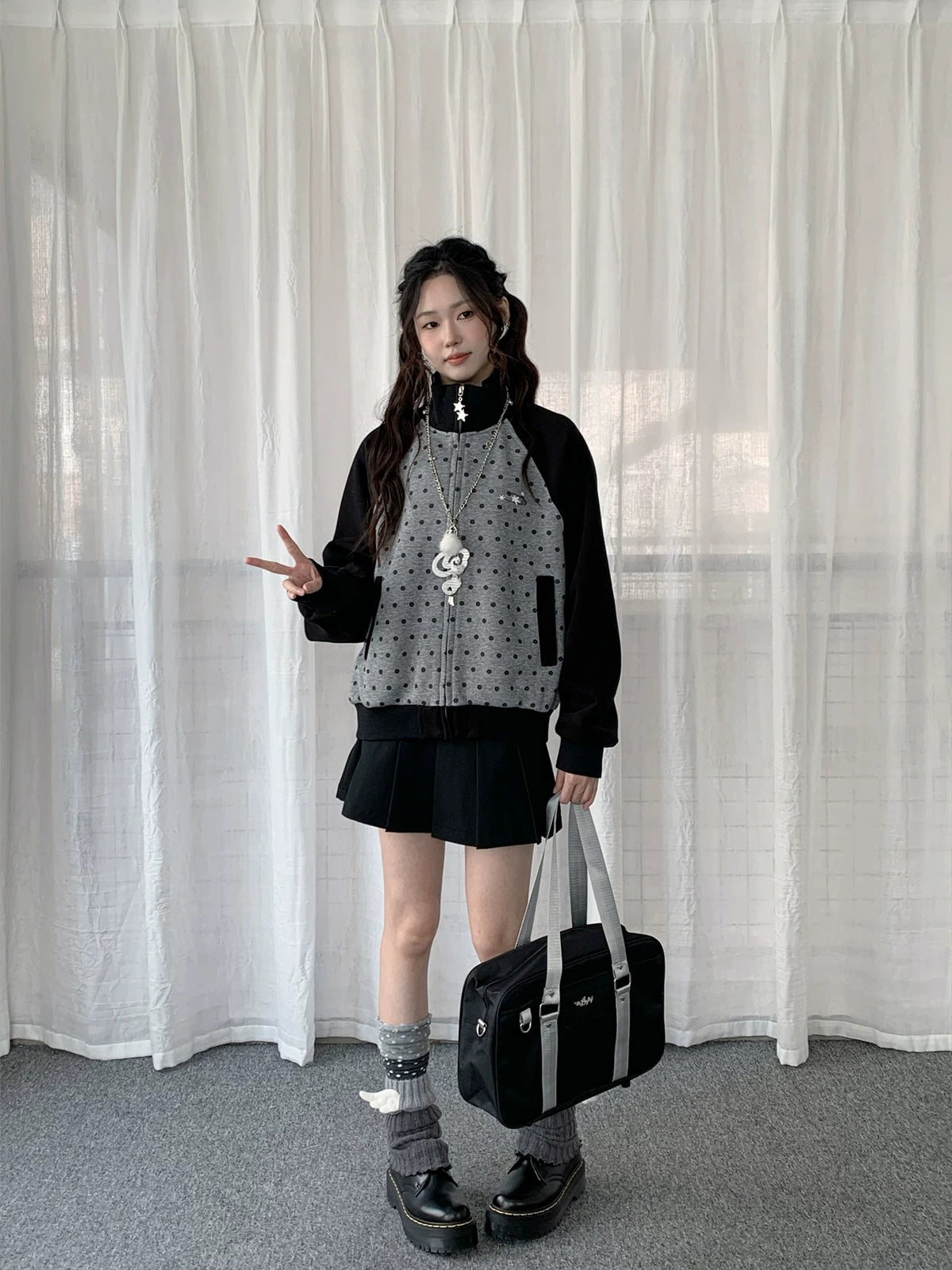 Contrast Polka Dot Zip-Up Jacket