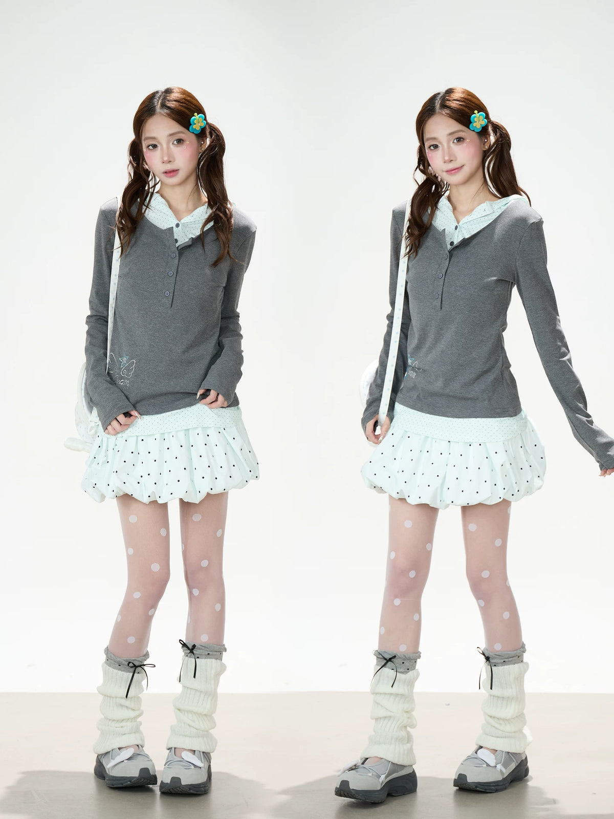 Polka Dot Layered Hooded Long Sleeve Top & Lace-Trim Bubble Mini Skirt