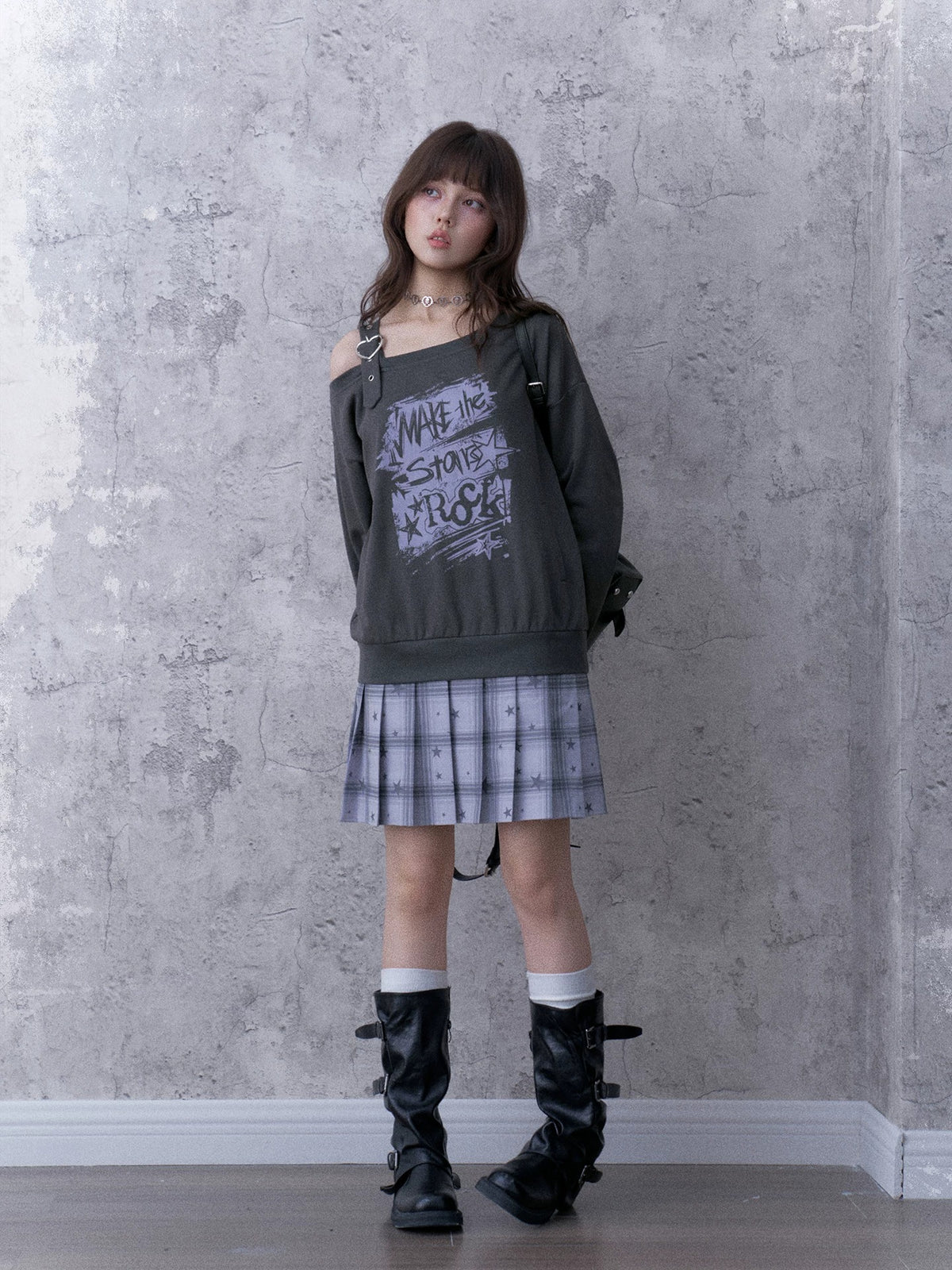 Heart-Strap Graphic Faux-Layered Sweatshirt Dress