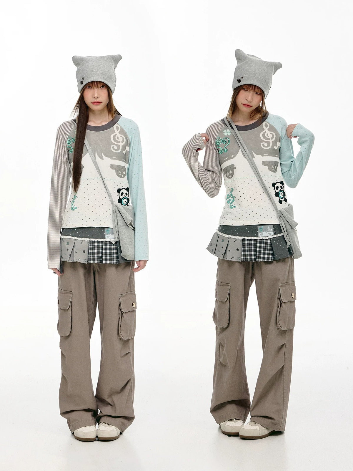 Mint Polka Dot Contrast-Sleeve Graphic Long Sleeve Top