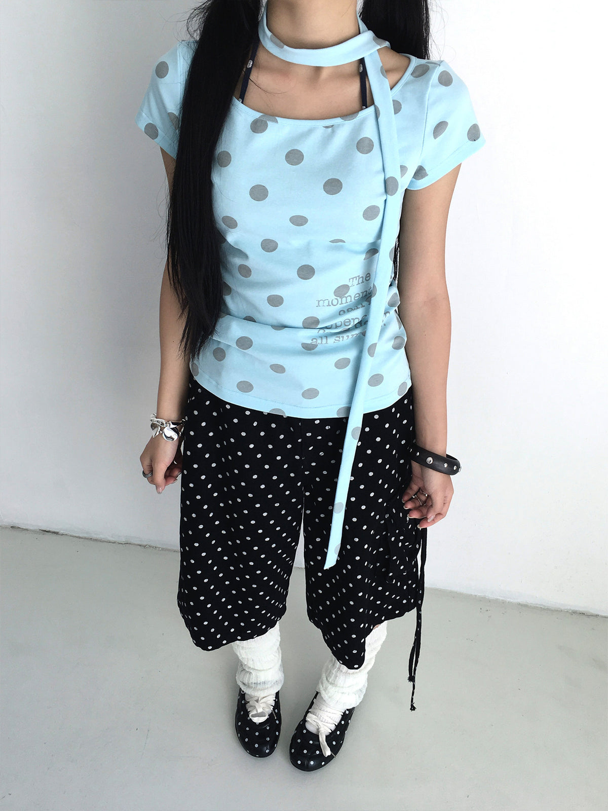 Polka Dot Scarf Short Sleeve Top