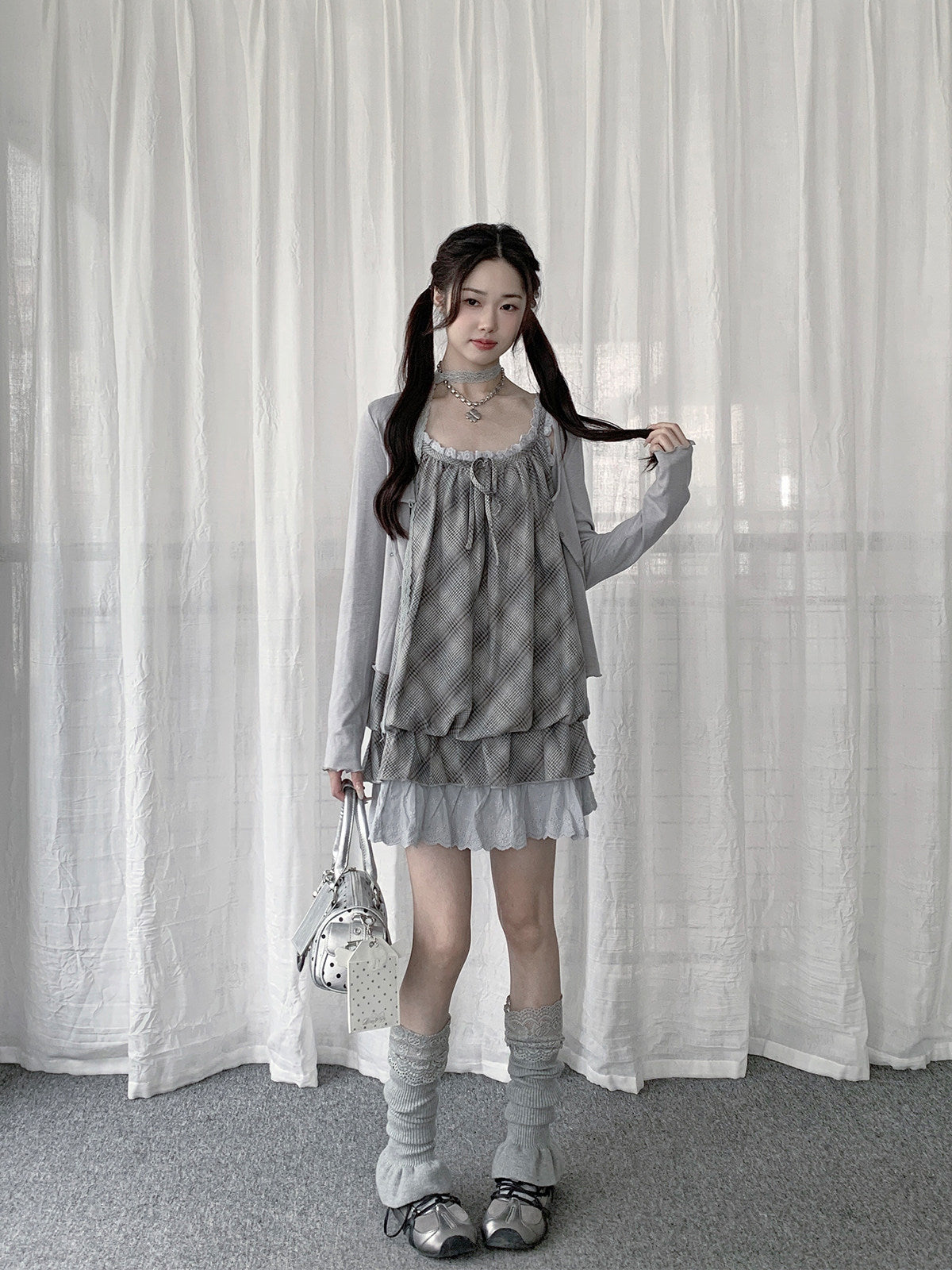 Dusty Blue Plaid Lace Bubble Dress Three-Piece Set