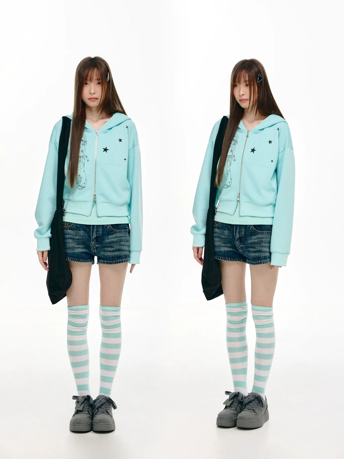 Mint Star Double-Zip Cropped Hoodie