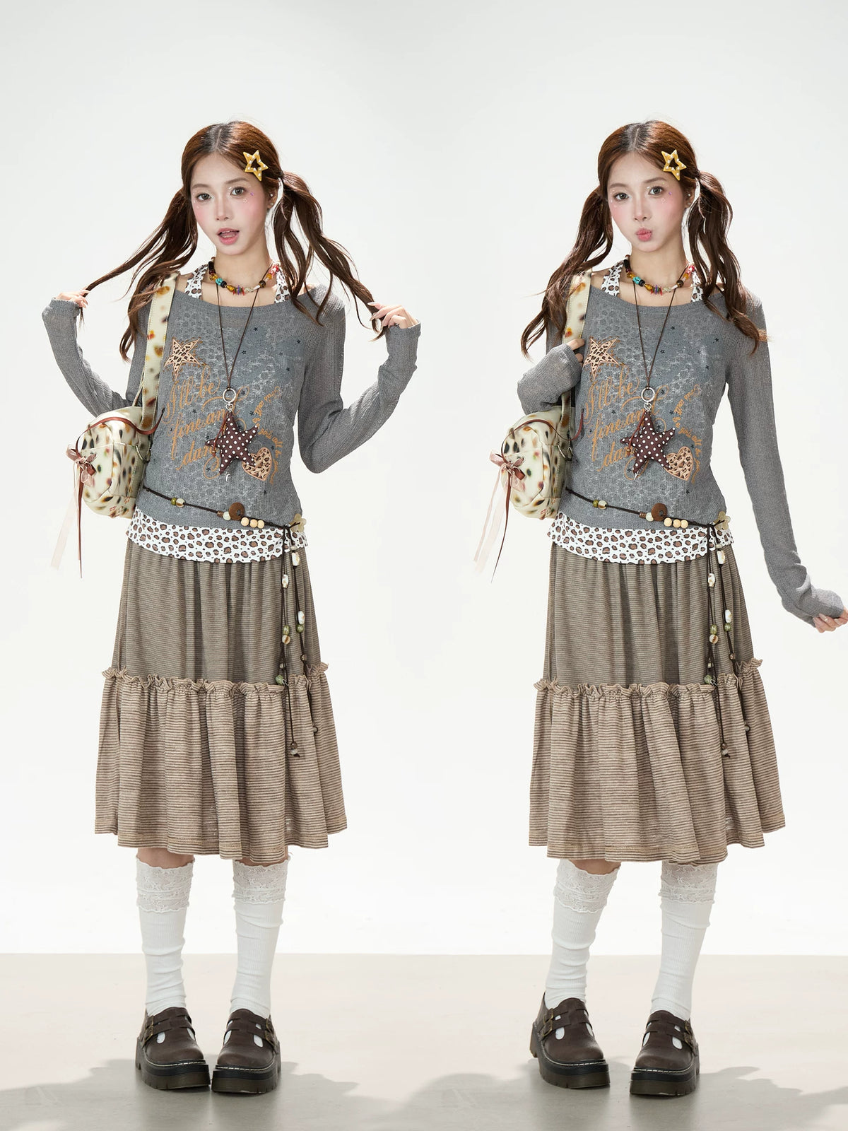 Leopard Faux-Layer Graphic Long Sleeve Top & Striped Tiered Ruffle Midi Skirt