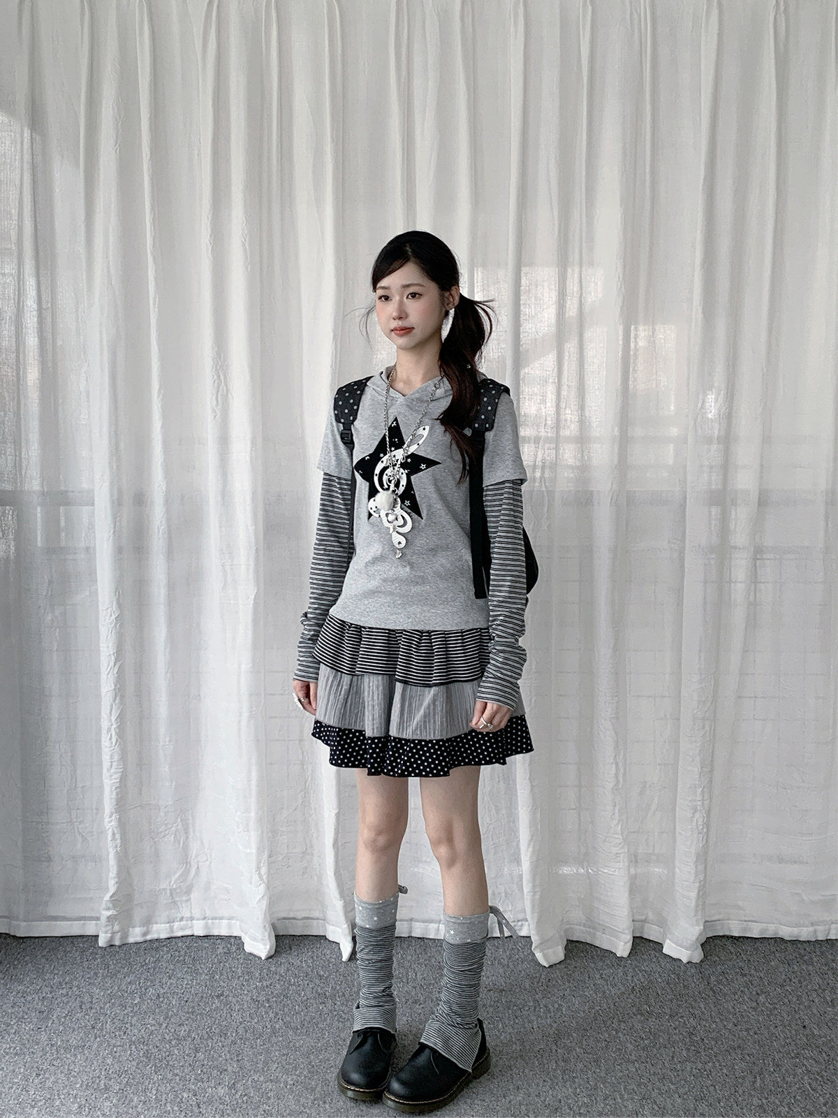 Star Music Note Layered Hooded Long Sleeve Top