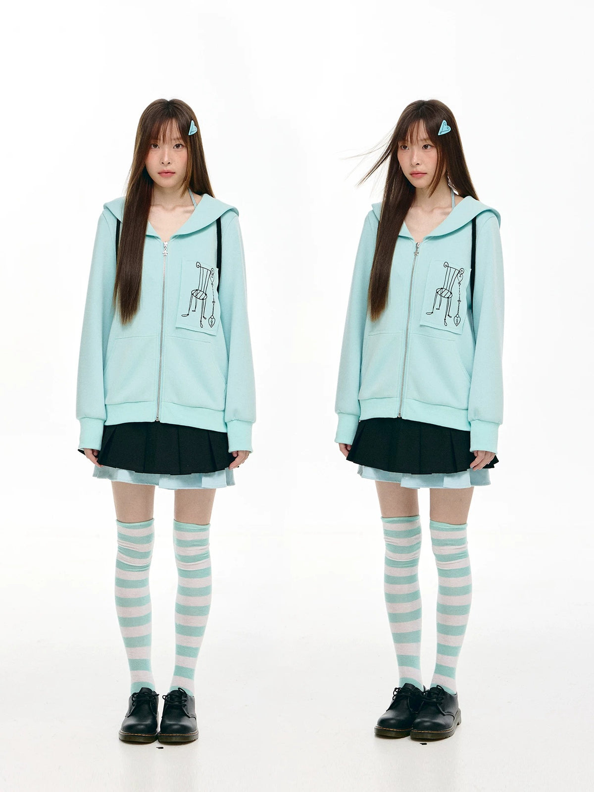 Mint Sailor-Collar Graphic Zip-Up Jacket