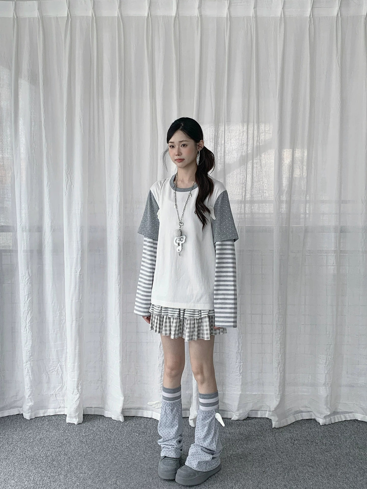 Ivory Polka Dot Stripe Faux-Layer Long Sleeve Top