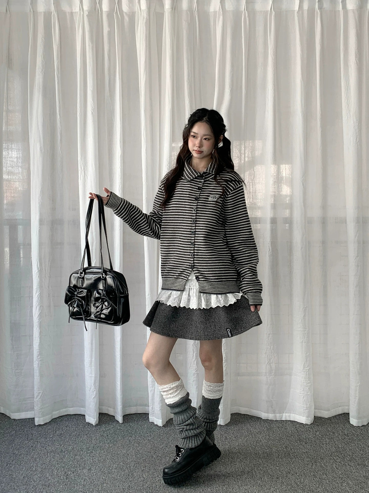 Striped Polo-Collar Knit Cardigan