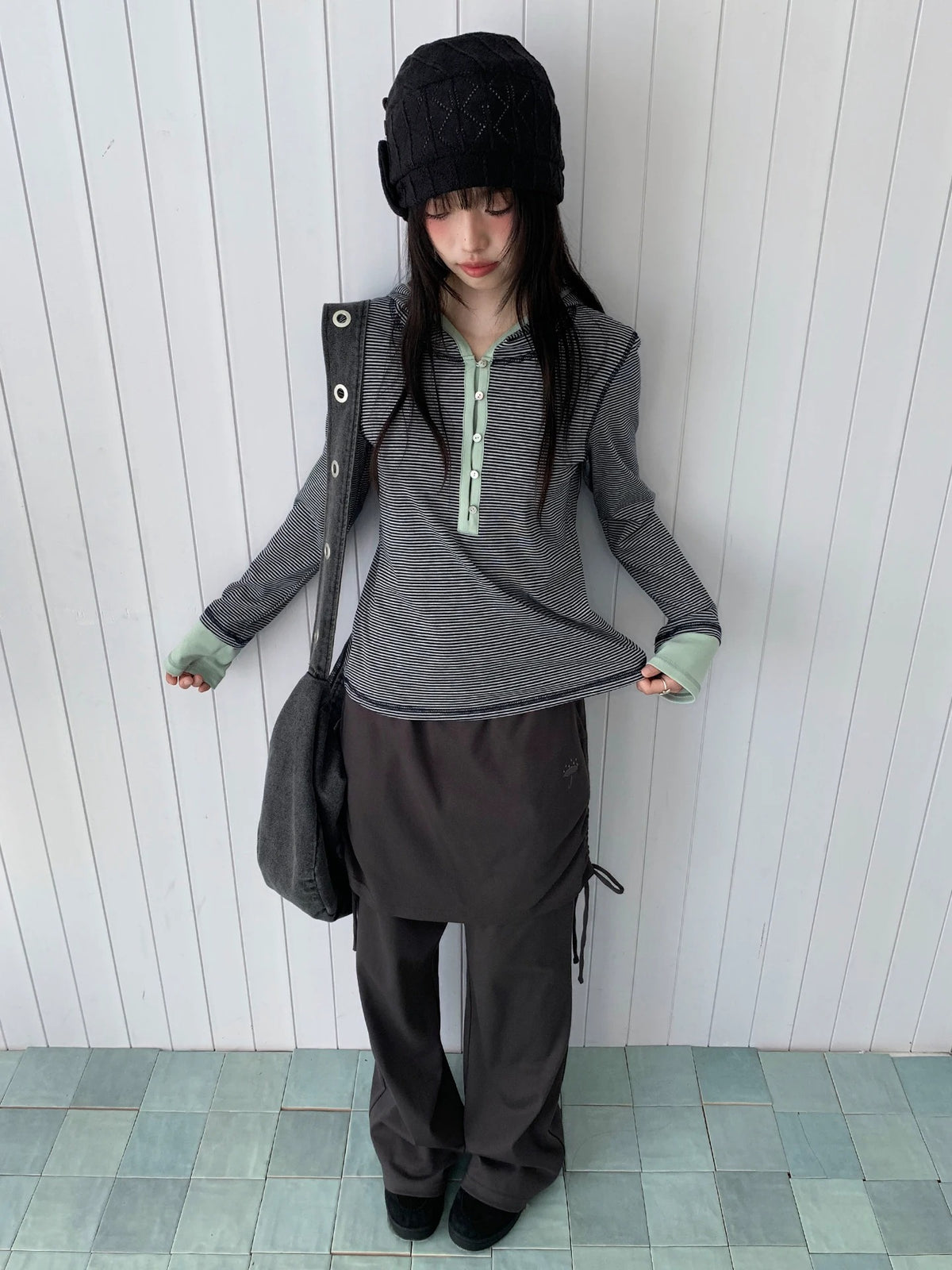 Blue-Gray Stripe Contrast Hooded Long Sleeve Top