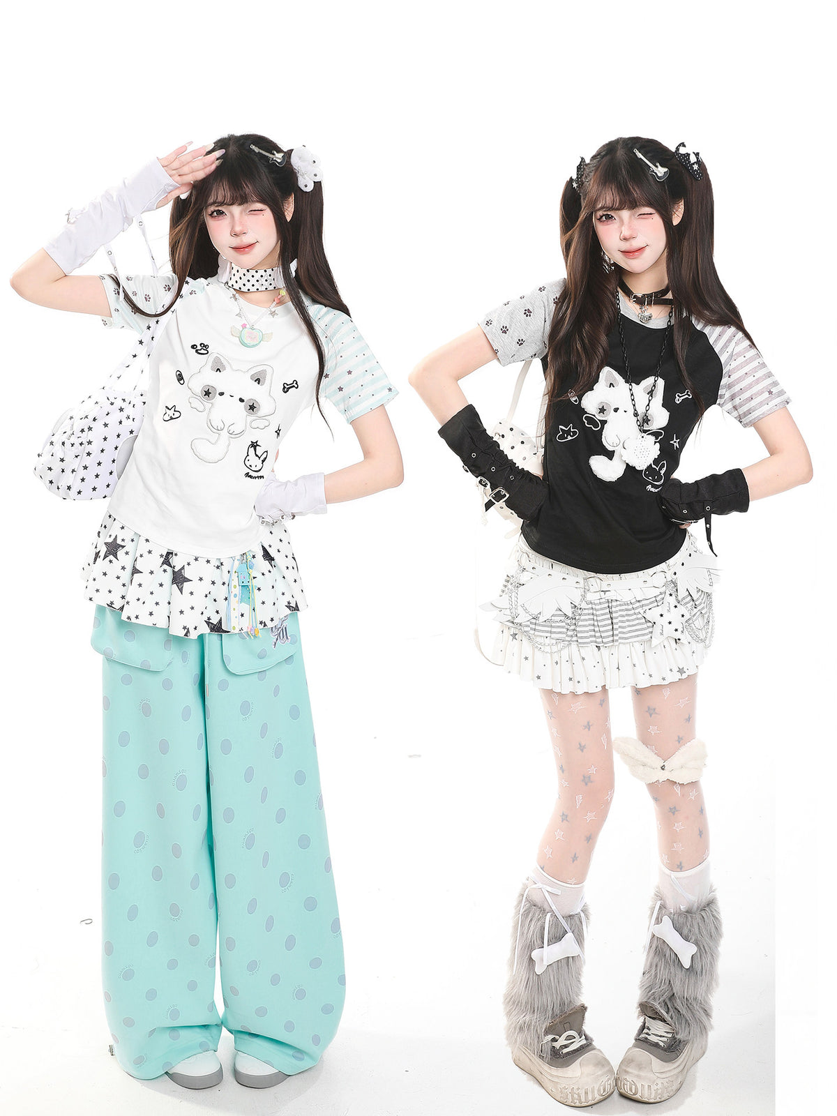 Mismatch Sleeve Kitty Graphic Oversized Tee