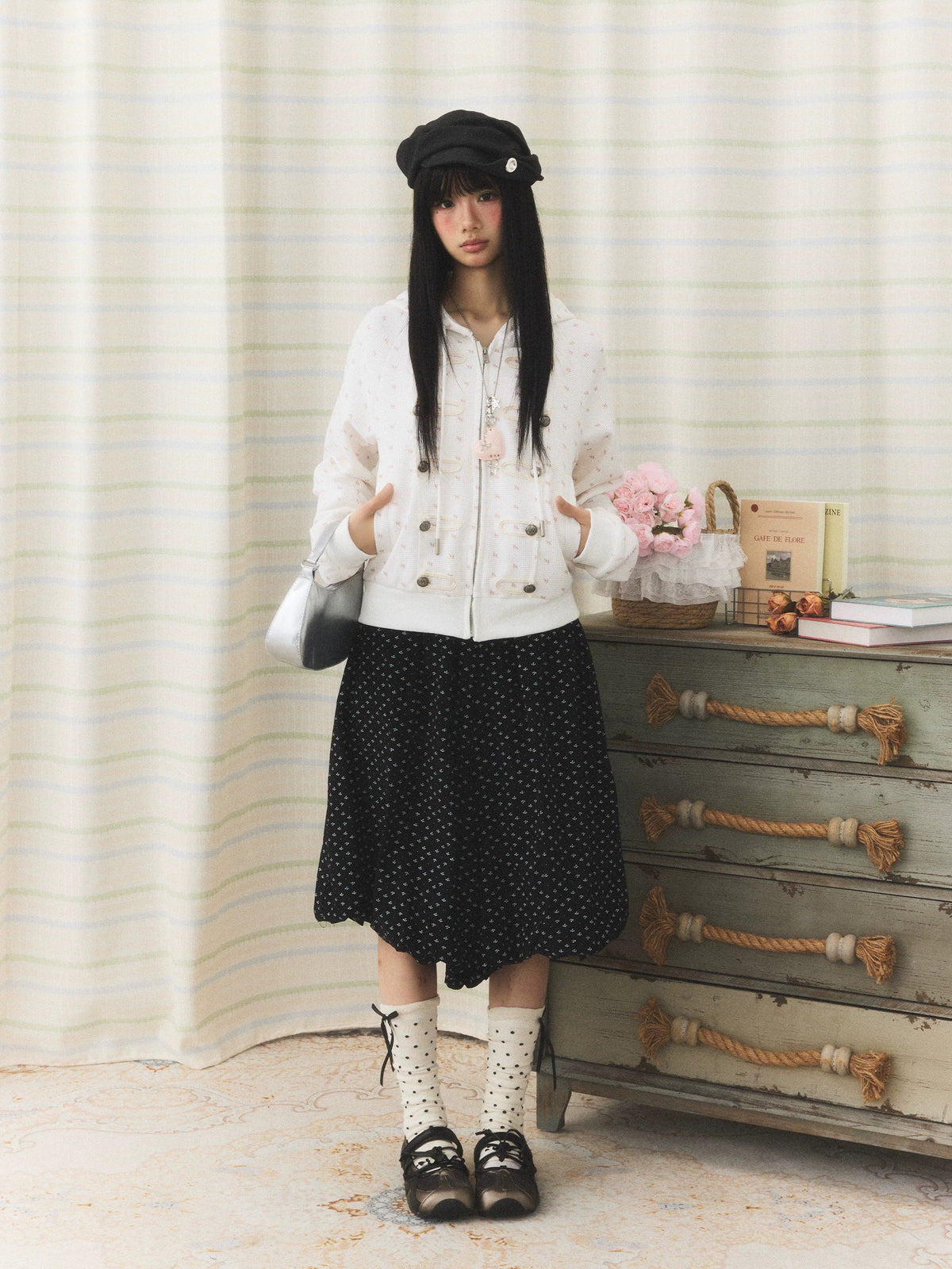 Floral Waffle Toggle Zip-Up Hoodie
