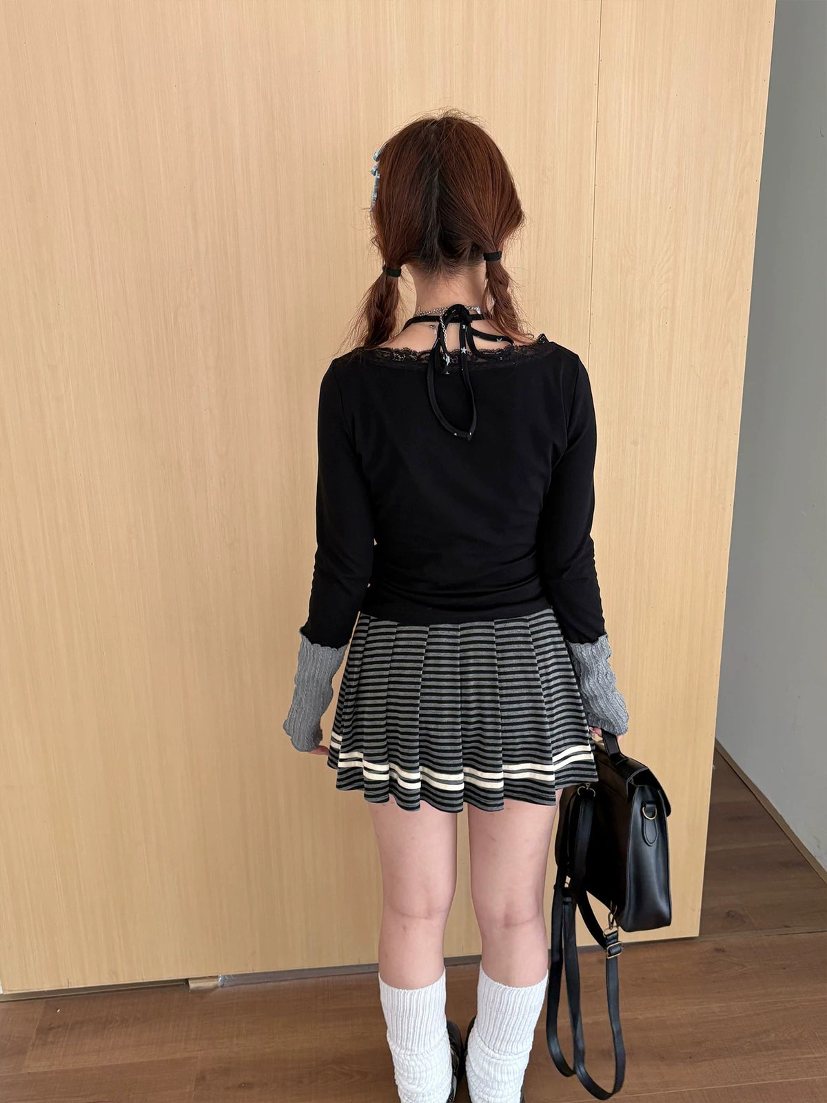 Charcoal Striped Star Pleated Mini Skirt