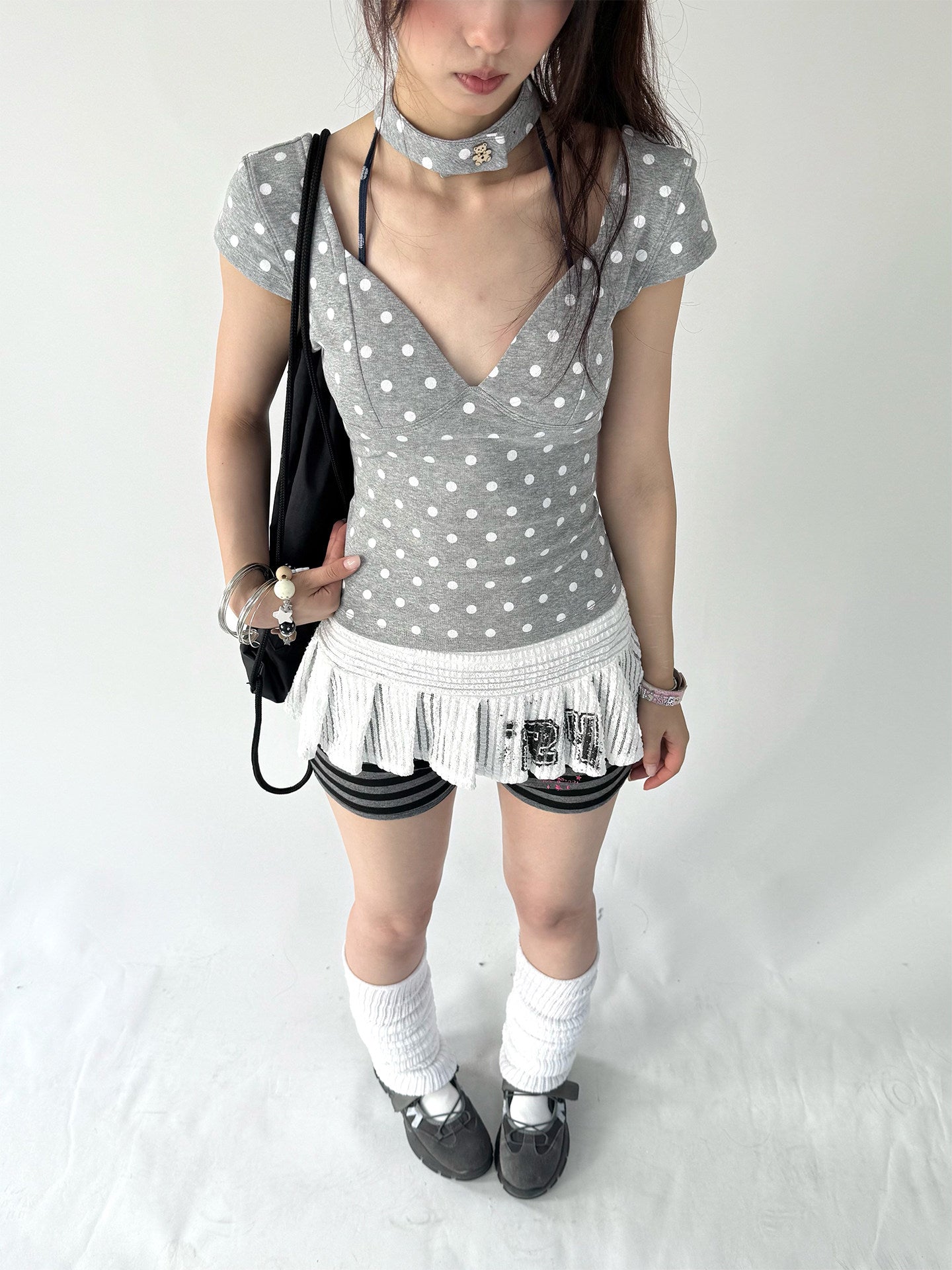 Mechanical Bear Polka Dot V-Neck Fitted Tee with Choker