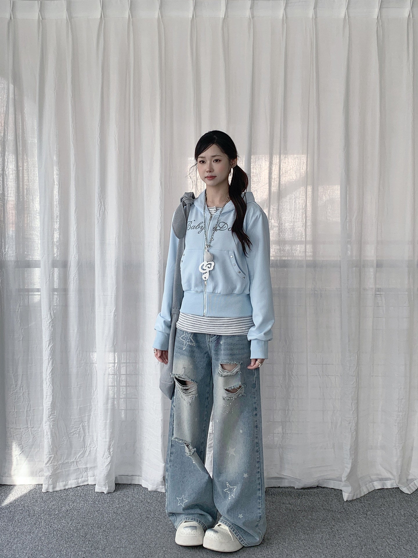 Baby Blue Studded Letter Cropped Zip Hoodie