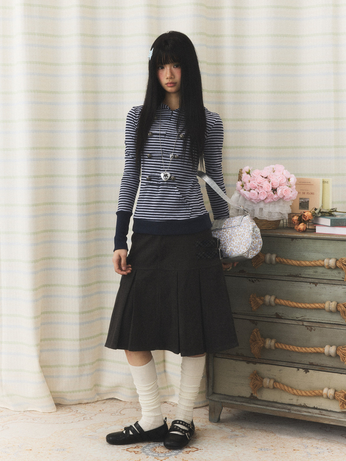 Navy Striped Military Button Hooded Top