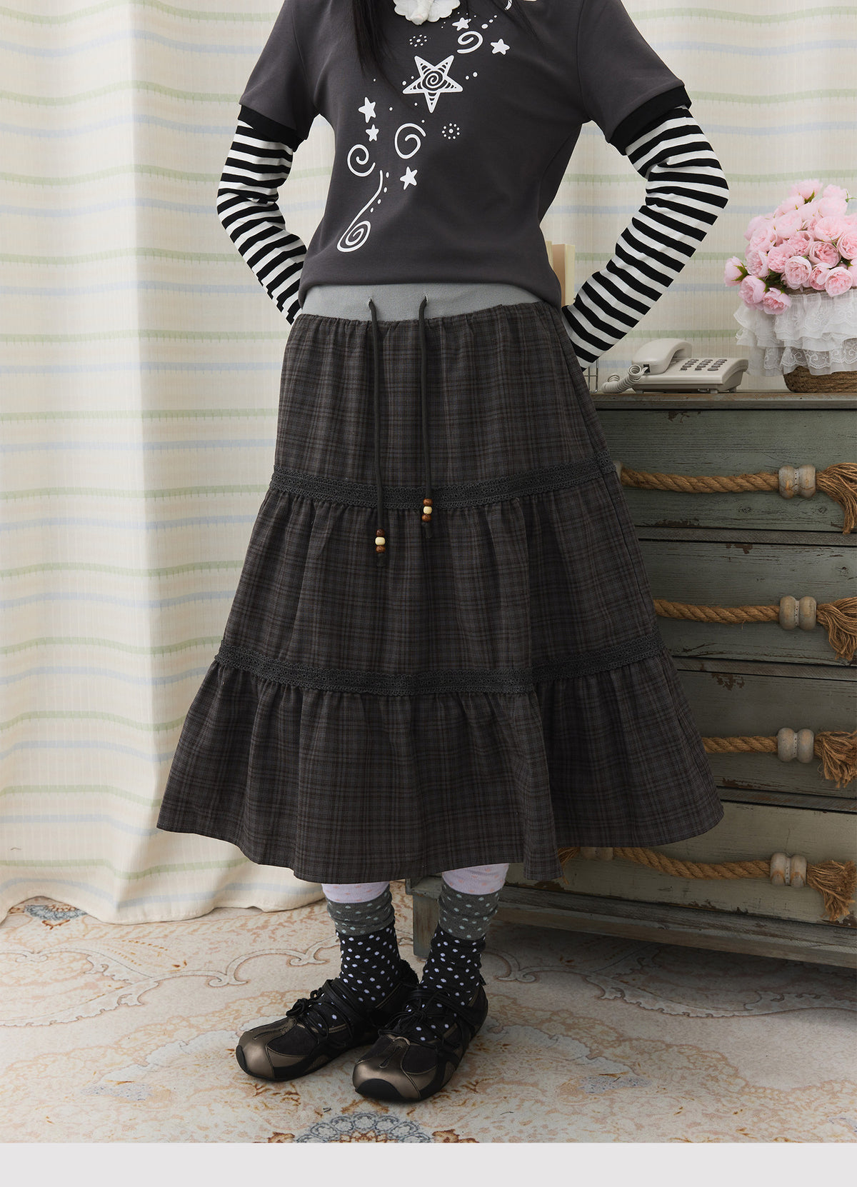 Plaid Tiered Lace Trim Midi Skirt