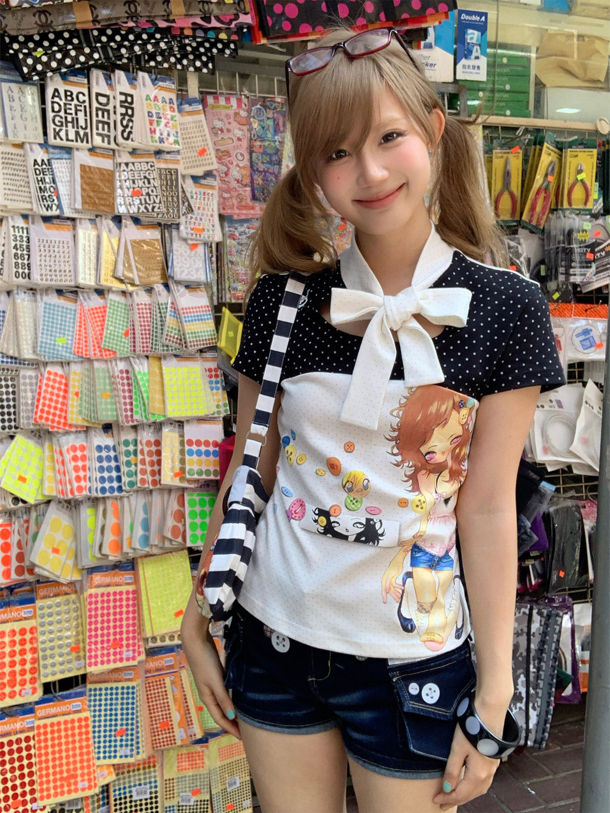 Polka Dot Bow-Tie Graphic Fitted Tee